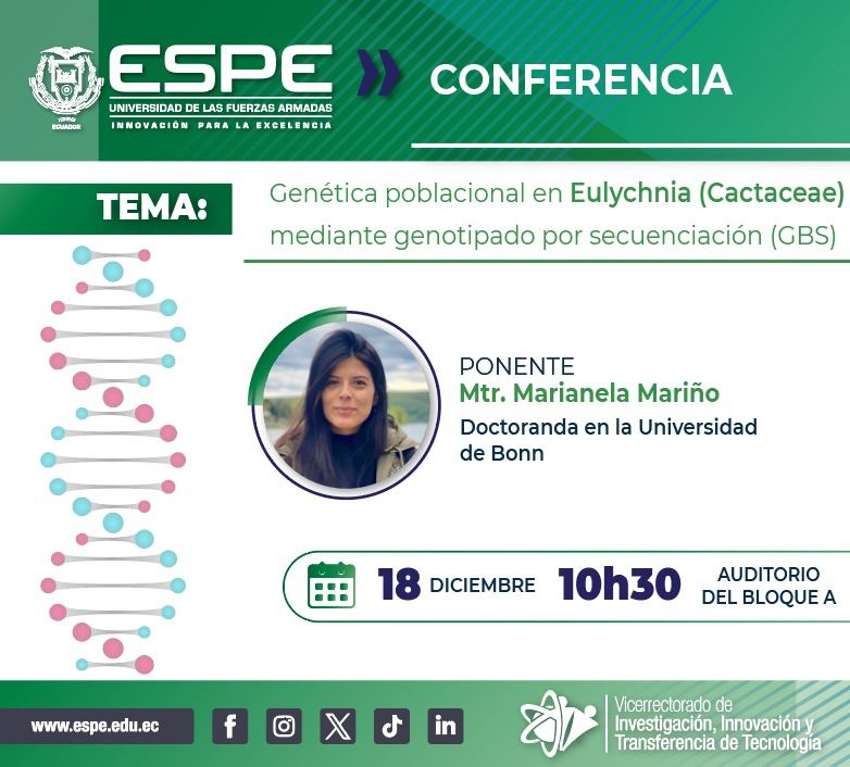 ¡No te pierdas esta interesante charla sobre genética poblacional! 🌵🔬

Te invitamos a la conferencia "Genética poblacional en Eulychnia (Cactaceae) mediante genotipado por secuenciación (GBS)", impartida por Marianela Mariño, Máster en Ciencias Vegetales por la Universidad de