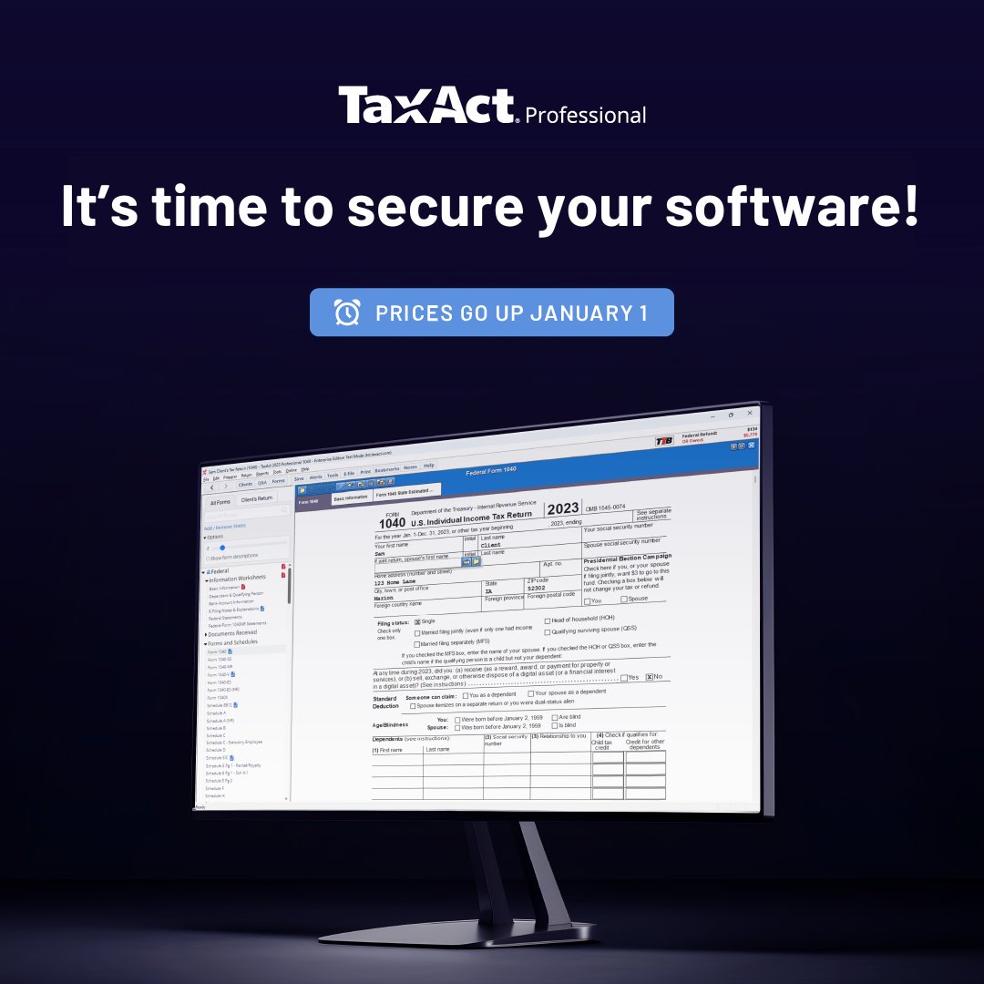 TaxActPro's tweet photo. Secure your #TY24 software! Prices go up on 1/1/25!
💙Expanded forms and e-file coverage yearly💙eSignature Integration💙Bank Products and Incentives💙Discounts on TheTaxBook💙Great Customer Support 💙Onboarding and Training. Call (866) 563-1457 or visit https://t.co/sizWzxjoI6 https://t.co/mTv8zSk5SE