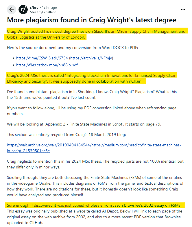CryptoDevil's tweet photo. Ahead of fake Satoshi conman Craig Wright's (@CsTominaga) court hearing tomorrow (Will he even appear in person as he was ordered to?), Craig has been self-soothing by posting of his genius in scoring yet another degree, an MSc from @UoLondon 

Yes, of course it's all plagiarised https://t.co/K4h9dKH55s