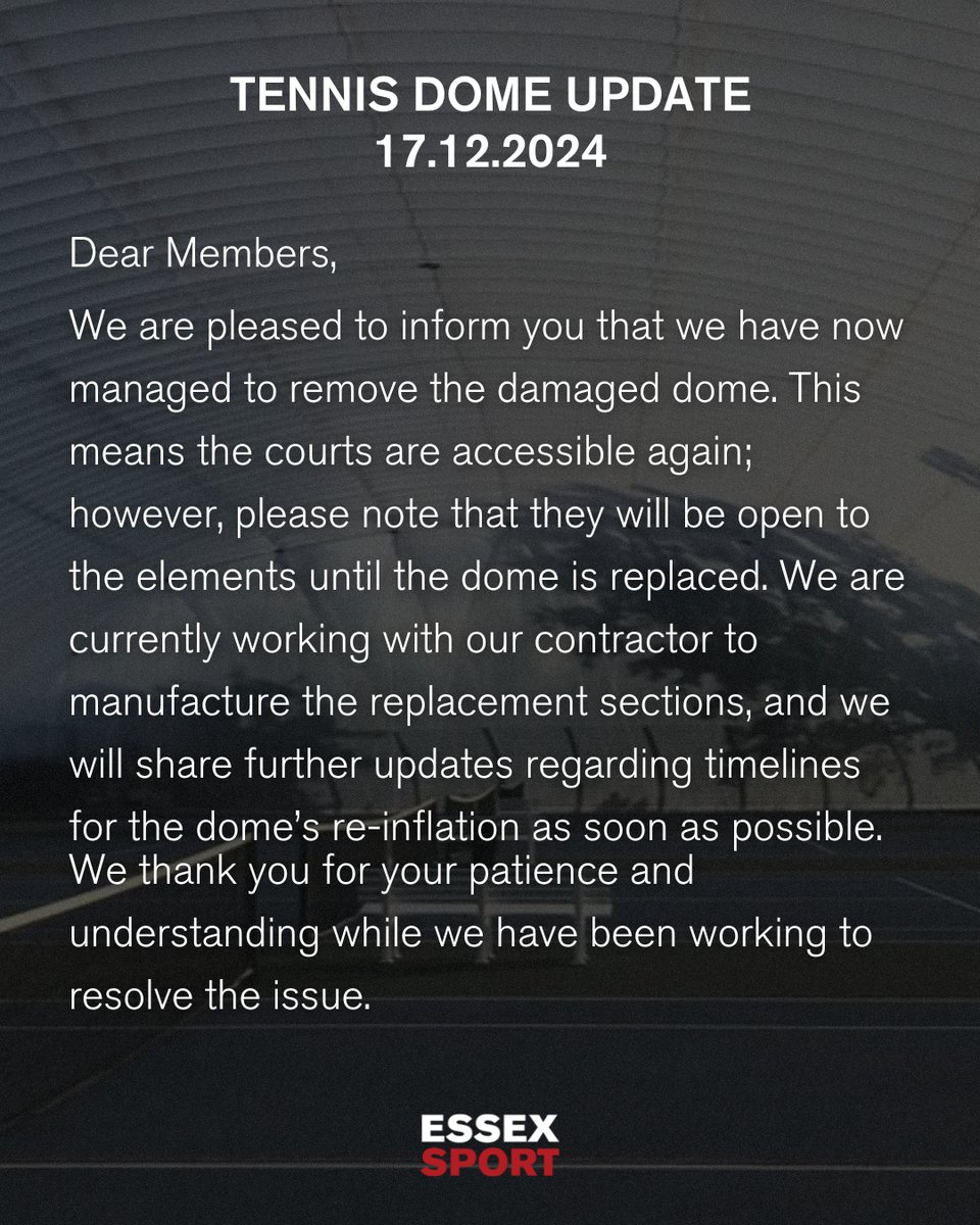 An update regarding our Tennis Dome - 17.12.2024

#EssexSport | #UniversityofEssex