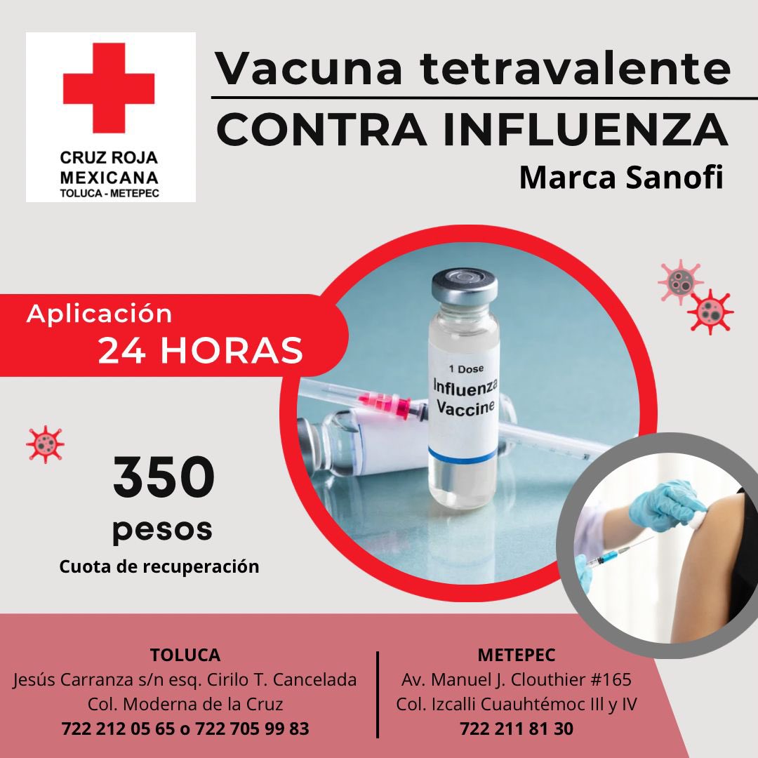Las bajas temperaturas de esta temporada nos hacen vulnerables a enfermedades de las vías respiratorias; en la Cruz Roja Toluca y Metepec te ofrecemos la vacuna Pfizer contra Covid-19 y vacuna tetravalente contra influenza marca Sanofi.
Tenemos aplicación a domicilio.