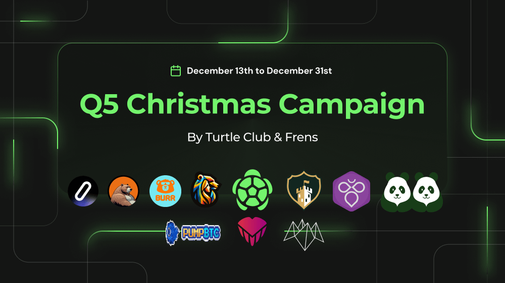 turtledotxyz's tweet image. Q5 is coming: Turtles and Beras say henlo 🎄 

Turtles, Beras, and @IntractCampaign have teamed up to deliver epic rewards just in time for Ooga Booga holidays! 🐻🐢

$5000+ prizes, from stables, NFTs, WL spots, roles, and so much more!

🎁 Part 1: Dec 17 - Dec 31 Q5 is Coming:…