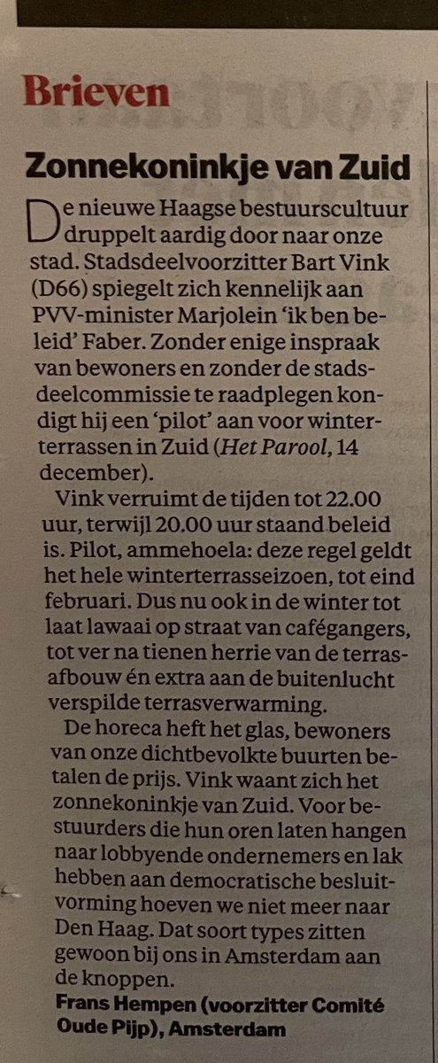Democratie 2024 à la <a href="/D66/">D66</a>: noem iets een ‘pilot’ terwijl het wijziging van beleid is en passeer stadsdeelcommissie &amp; bewoners. Hoezo pilot 🤨? Wat wil Stadsdeelbestuurder <a href="/bartlvink/">Bart L. Vink</a>⁩ nu eigenlijk testen met het #winterterras? @franshempen⁩ <a href="/parool/">Het Parool</a>⁩ ⁦<a href="/d66amsterdam/">D66 Amsterdam</a>⁩