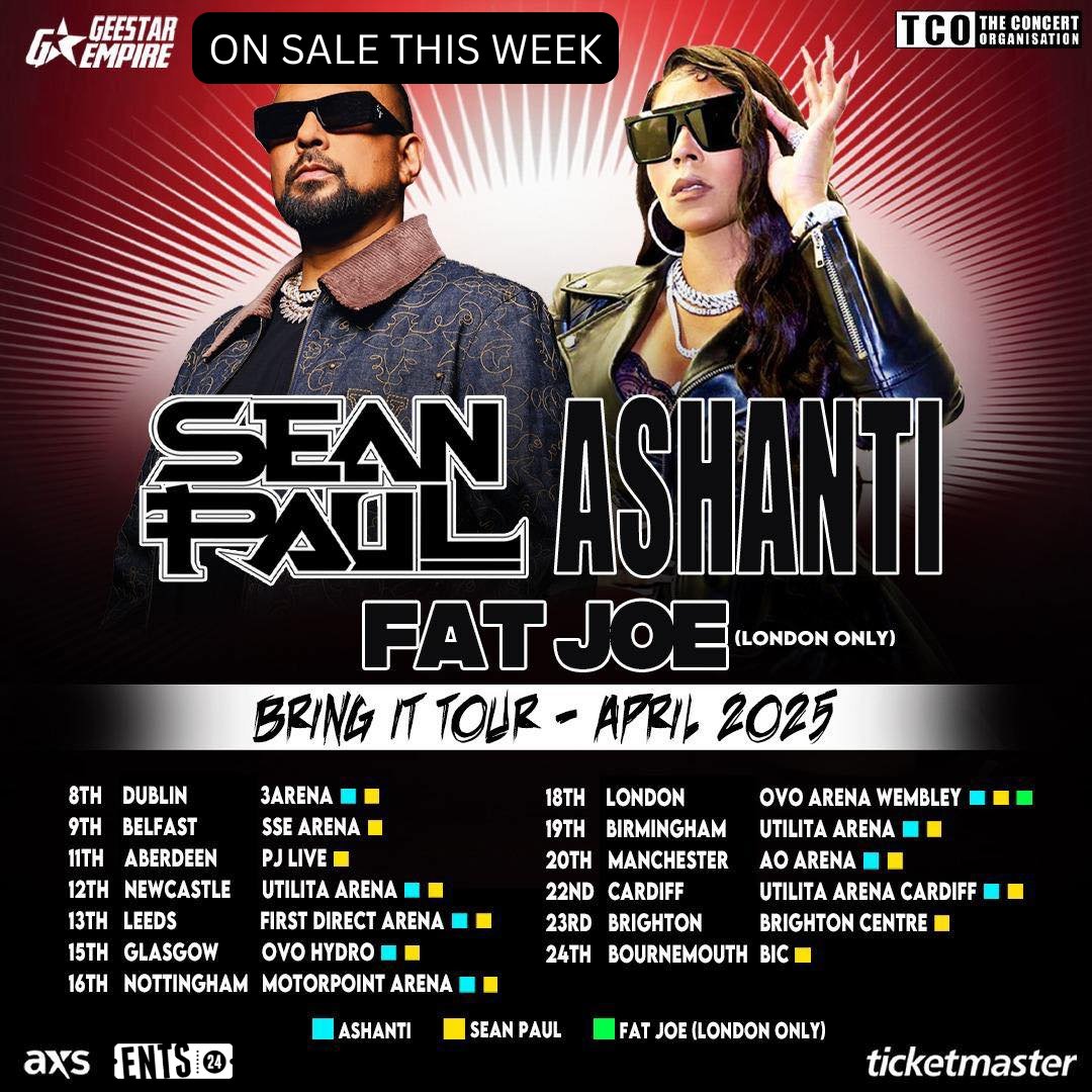🎤🔥 <a href="/duttypaul/">Sean Paul</a> &amp; <a href="/ashanti/">ASHANTI</a> are bringing the vibes to the UK in 2025 with their ‘Bring It’ Arena Tour kicking off next spring. 🎶✨
🎟️ Tickets go on sale this Friday at 10am:
👉 ents24.com/uk/tour-dates/…
#SeanPaul #Ashanti #LiveMusic #rnbmusic #ents24 #musicnews