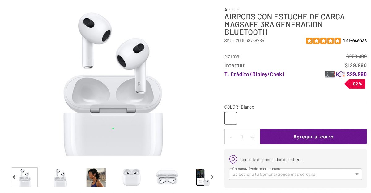 DescuentosRata's tweet photo. 🎧 Airpods con estuche de carga Magsafe de 3ra Generación bajó a $99.990 pagando con la 💳 en Ripley.

🔗 https://t.co/AU0RiUzlgg https://t.co/GLCgwCwd8K