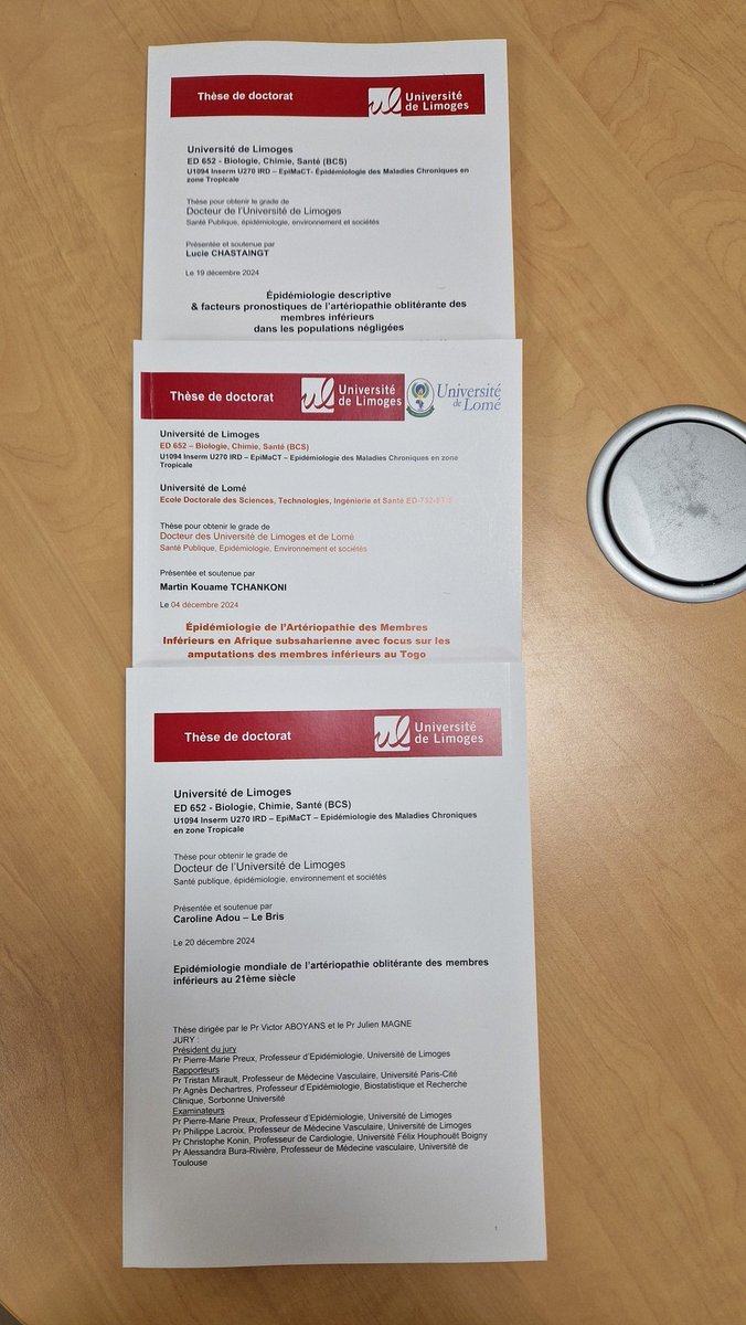 AboyansV's tweet image. 3 theses de sciences sur l'épidémiologie et prévention de l'AOMI soutenues en Décembre à Limoges. Une belle façon pour l'équipe #IENT de terminer l'année!
3 PhD theses on #PAD defended in December in our university. A nice way to end 2024!
@alebura @LuciaMazzolai @IENTofficiel