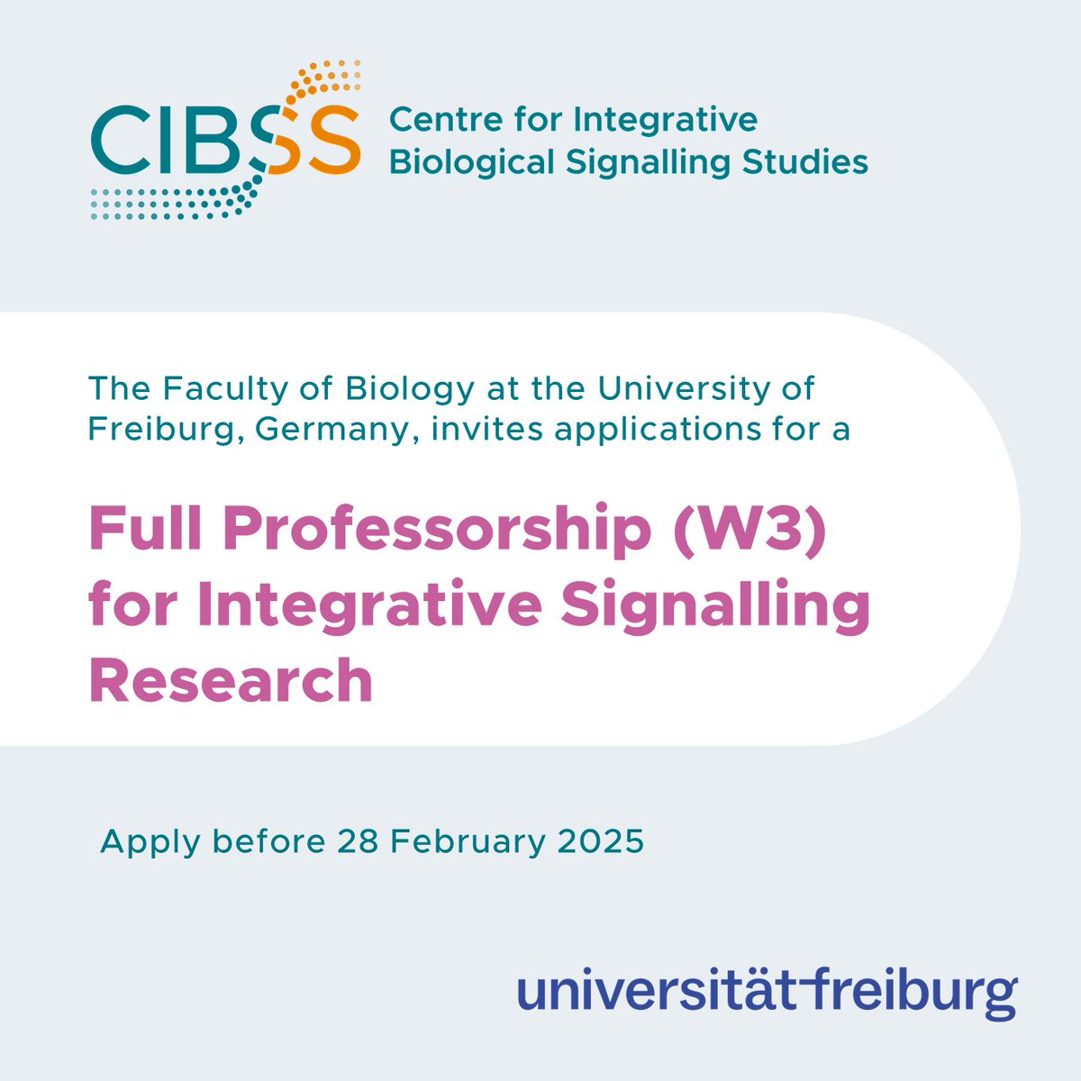 CIBSS (@cibss_unifr) on Twitter photo 📢Job Alert! The Faculty of #Biology of the <a href="/UniFreiburg/">Universität Freiburg</a> is seeking for a researcher with a competitive, internationally visible profile in #ChemicalBiology focusing on #BiologicalSignallinResearch.
Join us and apply by 28 February, 25!
More info: uni-freiburg.de/stellenangebot… 📢Job Alert! The Faculty of #Biology of the <a href="/UniFreiburg/">Universität Freiburg</a> is seeking for a researcher with a competitive, internationally visible profile in #ChemicalBiology focusing on #BiologicalSignallinResearch.
Join us and apply by 28 February, 25!
More info: uni-freiburg.de/stellenangebot…