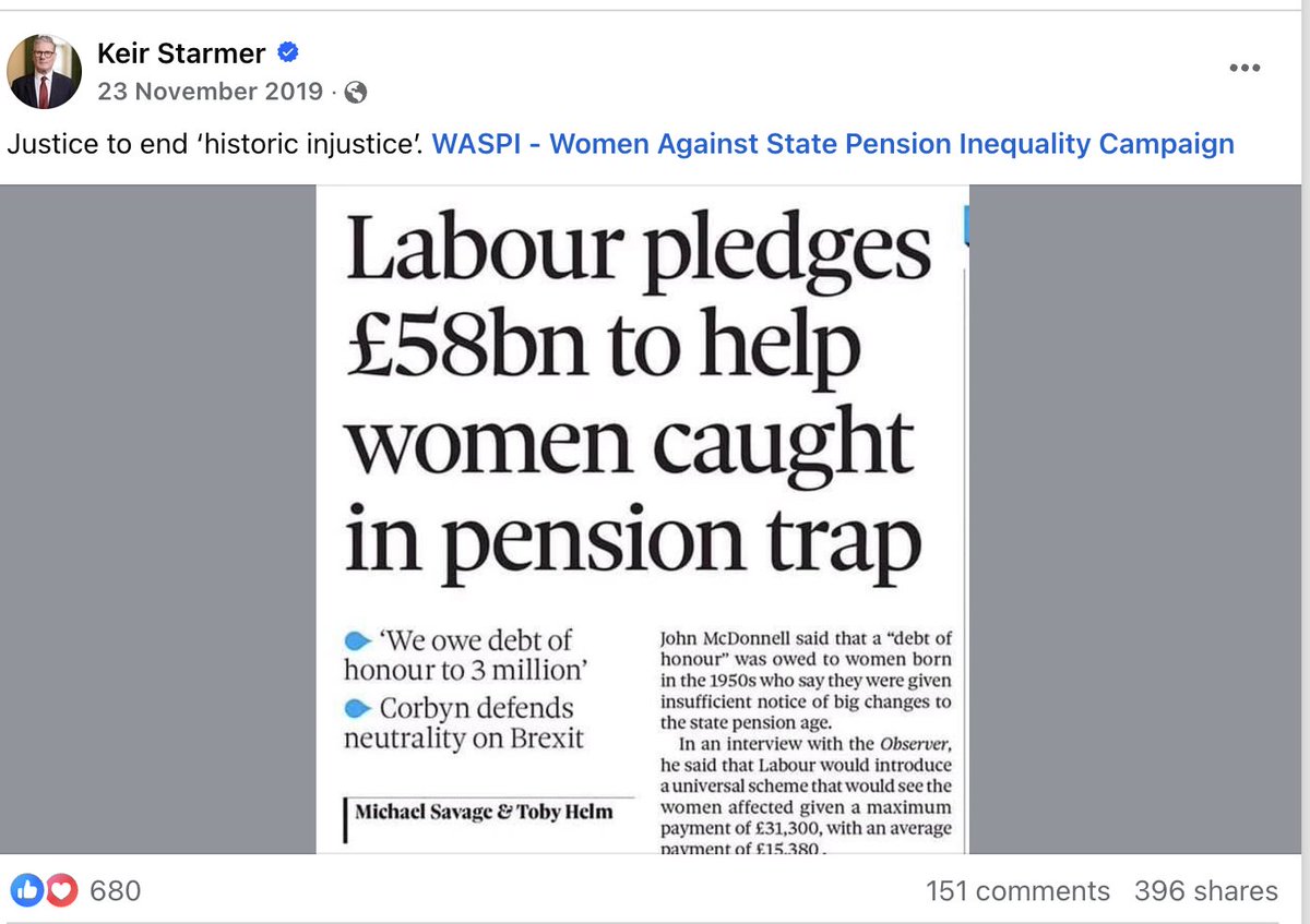 Here was Keir Starmer backing "justice to end the 'historic injustice'" suffered by WASPI women.

He even tagged their campaign on his Facebook page.
