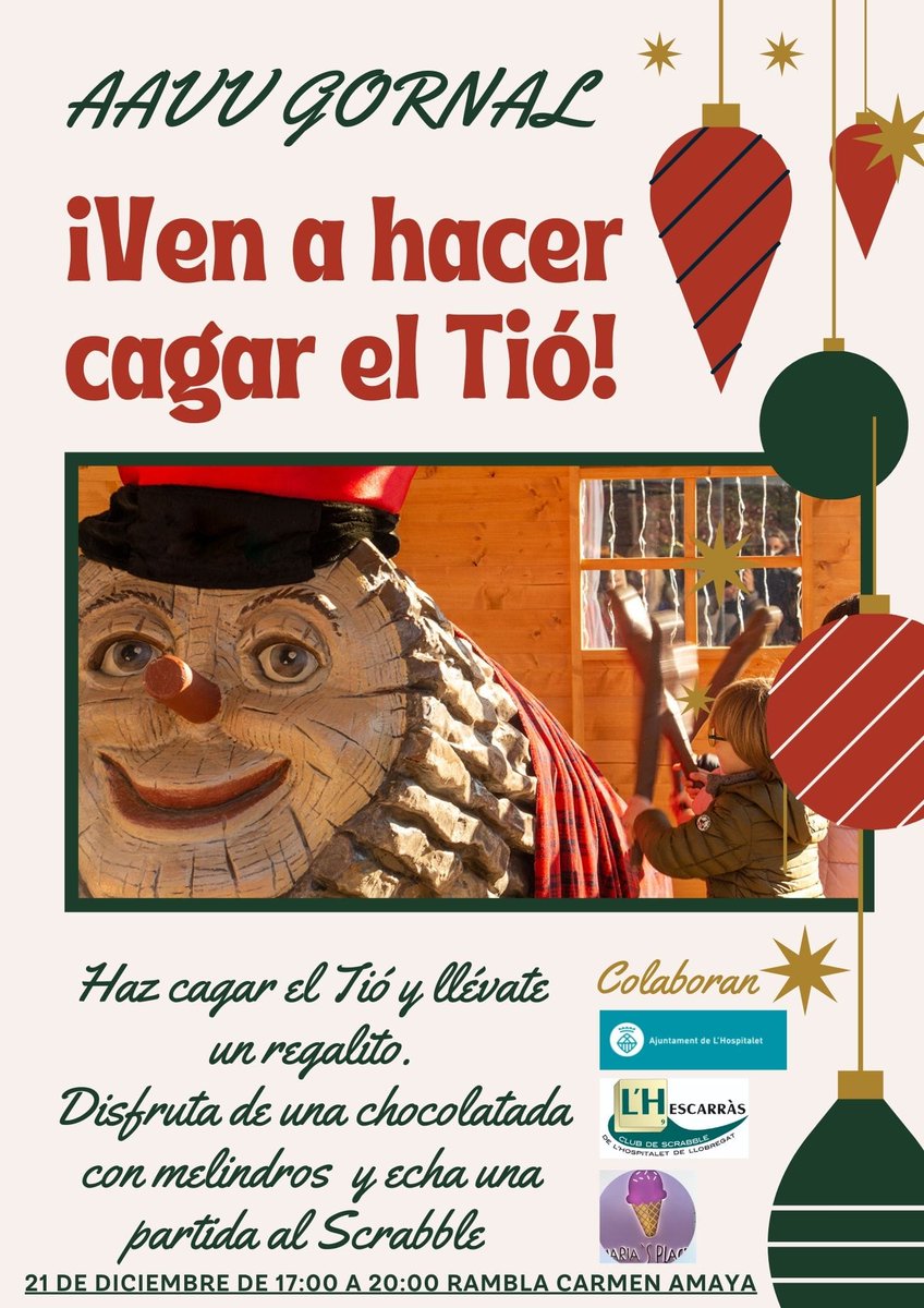 L'Hescarràs (@lhescarrascat) on Twitter photo Aquest dissabte serem a la rambla Carmen Amaya de #ElGornal jugant a #Scrabble!
Veniu a fer cagar el tió!
Amb xocolatada amb melindros 😋
<a href="/CNLlHospitalet/">CNL de l'Hospitalet</a> <a href="/LHCultura/">Cultura L'H</a> <a href="/omniagornal/">Òmnia Gornal</a> @IEGornal Aquest dissabte serem a la rambla Carmen Amaya de #ElGornal jugant a #Scrabble!
Veniu a fer cagar el tió!
Amb xocolatada amb melindros 😋
<a href="/CNLlHospitalet/">CNL de l'Hospitalet</a> <a href="/LHCultura/">Cultura L'H</a> <a href="/omniagornal/">Òmnia Gornal</a> @IEGornal