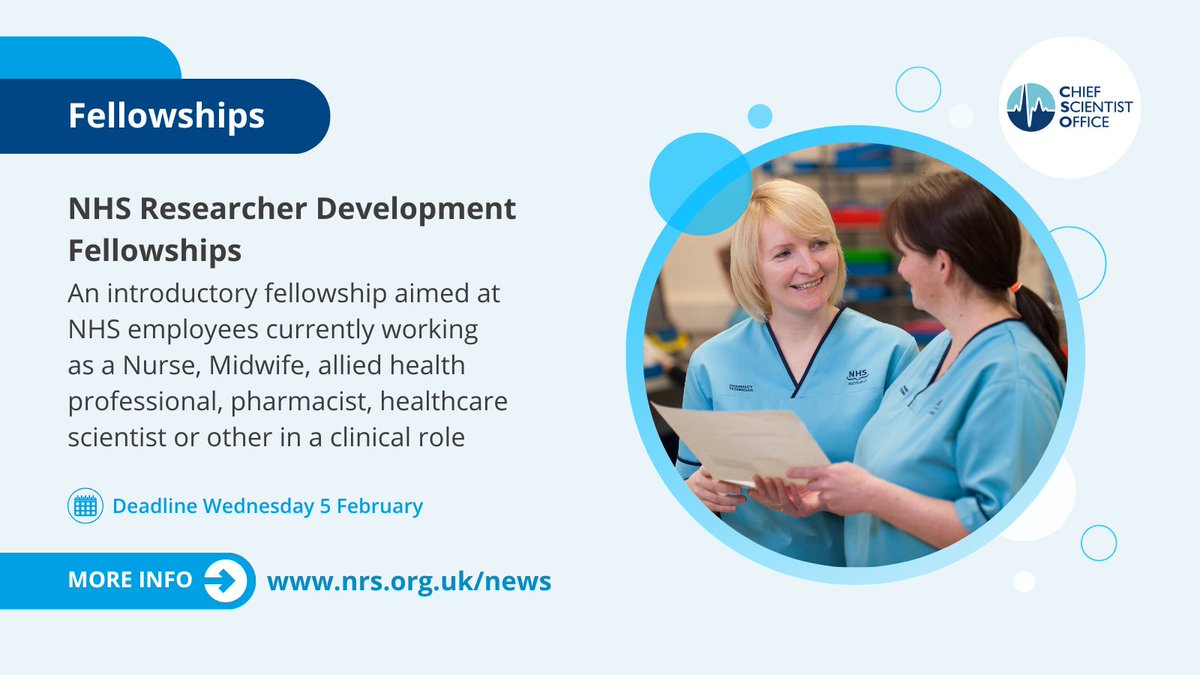 NHS Research Scotland (@nhsresearchscot) on Twitter photo Apply for <a href="/CSO_Scotland/">CSO(Health)Scotland</a>'s NHS Researcher Development Fellowships by Wednesday 5 February, aimed at NHS employees currently working in a number of clinical roles to enable them to explore research as part of their existing role.
Submit your application 🔗 cso.scot.nhs.uk/researcherdeve… Apply for <a href="/CSO_Scotland/">CSO(Health)Scotland</a>'s NHS Researcher Development Fellowships by Wednesday 5 February, aimed at NHS employees currently working in a number of clinical roles to enable them to explore research as part of their existing role.
Submit your application 🔗 cso.scot.nhs.uk/researcherdeve…