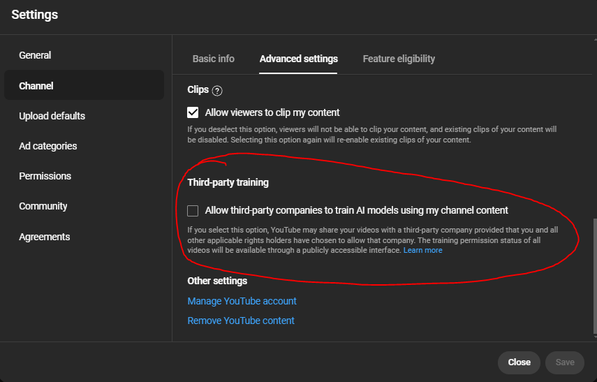 Yo quick PSA to any Youtube creators out there, if you don't want your videos to be used as AI slop training material then make sure to go into your settings in Youtube Studio and uncheck this box