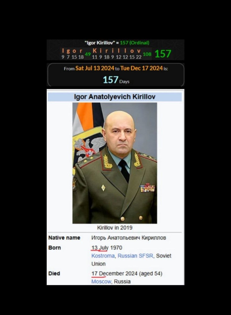satoshibux's tweet image. They killed him 157 days after his last birthday and his name = 157

#Gematria #DateCalculation #Trending #IgorKirillov #Moscow #Explosion
Date Calculation = 666 (Satanic Gematria)