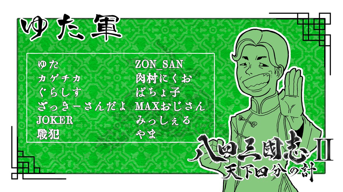 yuta_84Games's tweet photo. 八四三國志IIゆた軍はこのメンバー!!
全てを貫く矛と全てを守る盾を有していざ王者奪還の時🐢
#八四三國志
#84Games
#SDcup https://t.co/5B4GNlGt4D