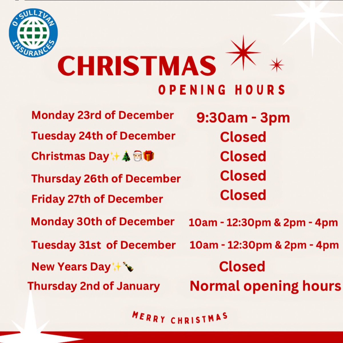 🎅🏻 CHRISTMAS OPENING HOURS 🎅🏻