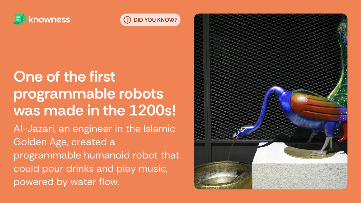 knownessapp's tweet image. #Fact #AlJazari #ProgrammableRobot #IslamicGoldenAge #AncientEngineering #RobotHistory #HumanoidRobot #WaterPoweredTech #Automation #Tech #Milestones #IslamicInventions #PioneeringTech #Ancient #Technology #RobotRevolution #History #Tech #Study #Knowledge #FactoftheDay