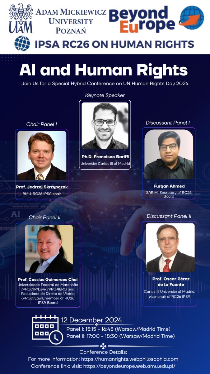 In this thread🧵 we are sharing the 🎥videos of the workshops organised by 🌐<a href="/ipsarc26/">IPSARC26-humanrights</a> in the conference "Beyond Europe" on the topic 🗣️“AI and Human Rights. UN Human Rights Day"

📆12 December 2024, Adam Mickiewicz University, Poznań, Poland 🇵🇱, Słubice Campus

#AI #humarights