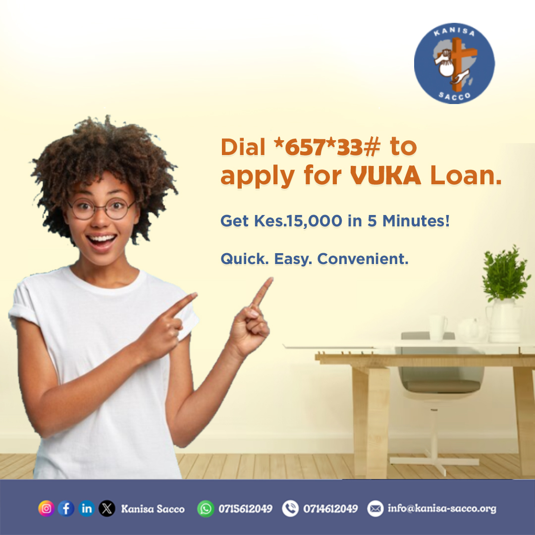 Good news! VUKA Loan is now available through the USSD, giving you quick and easy access to funds anytime. Dial *657*33# to get up to Kes.15,000 in just 5 minutes! Not registered yet? Sign up here: forms.gle/V5XmeKDLNMkDqr… for inquiries, call 0111056100. T&amp;C apply. #loans