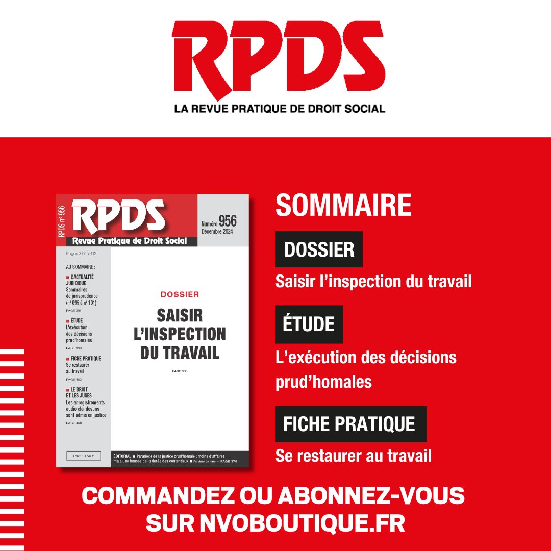 La_NVO's tweet photo. #CSE📕
#RPDS N° 956 - Décembre 2024
SOMMAIRE
📁Dossier/ Saisir l’#inspection du #travail
🔎Étude/ L’exécution des décisions prud’homales
📝Fiche pratique/ Se restaurer au travail

Commander👉🏼https://t.co/leU0bH13g9
S'abonner👉🏼
https://t.co/g9jBGxXeOg

#DroitSocial #InfoJuridique https://t.co/yIiRE2e9M3
