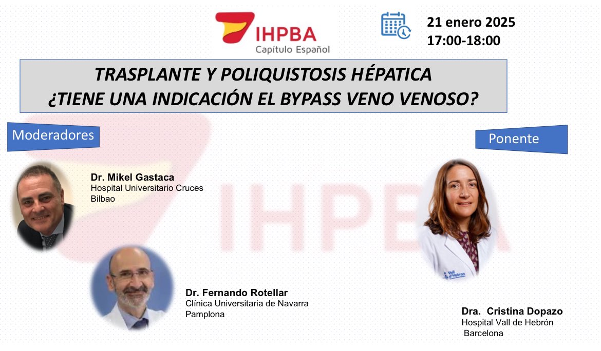 CE-IHPBA (@ceihpba) on Twitter photo 🚨🚨El próximo 21 de Enero de 2025 a las 17:00 CET seguimos con la temporada de webinar ,Trasplante y poliquistosis hepática. Tiene una indicación el bypass venovenoso?por <a href="/cdopazo1/">Cristina Dopazo</a> y moderado por el Dr Rotellar y el Dr Gastaca🚨🚨21/01/25 17-18 h CET 🚨🚨El próximo 21 de Enero de 2025 a las 17:00 CET seguimos con la temporada de webinar ,Trasplante y poliquistosis hepática. Tiene una indicación el bypass venovenoso?por <a href="/cdopazo1/">Cristina Dopazo</a> y moderado por el Dr Rotellar y el Dr Gastaca🚨🚨21/01/25 17-18 h CET