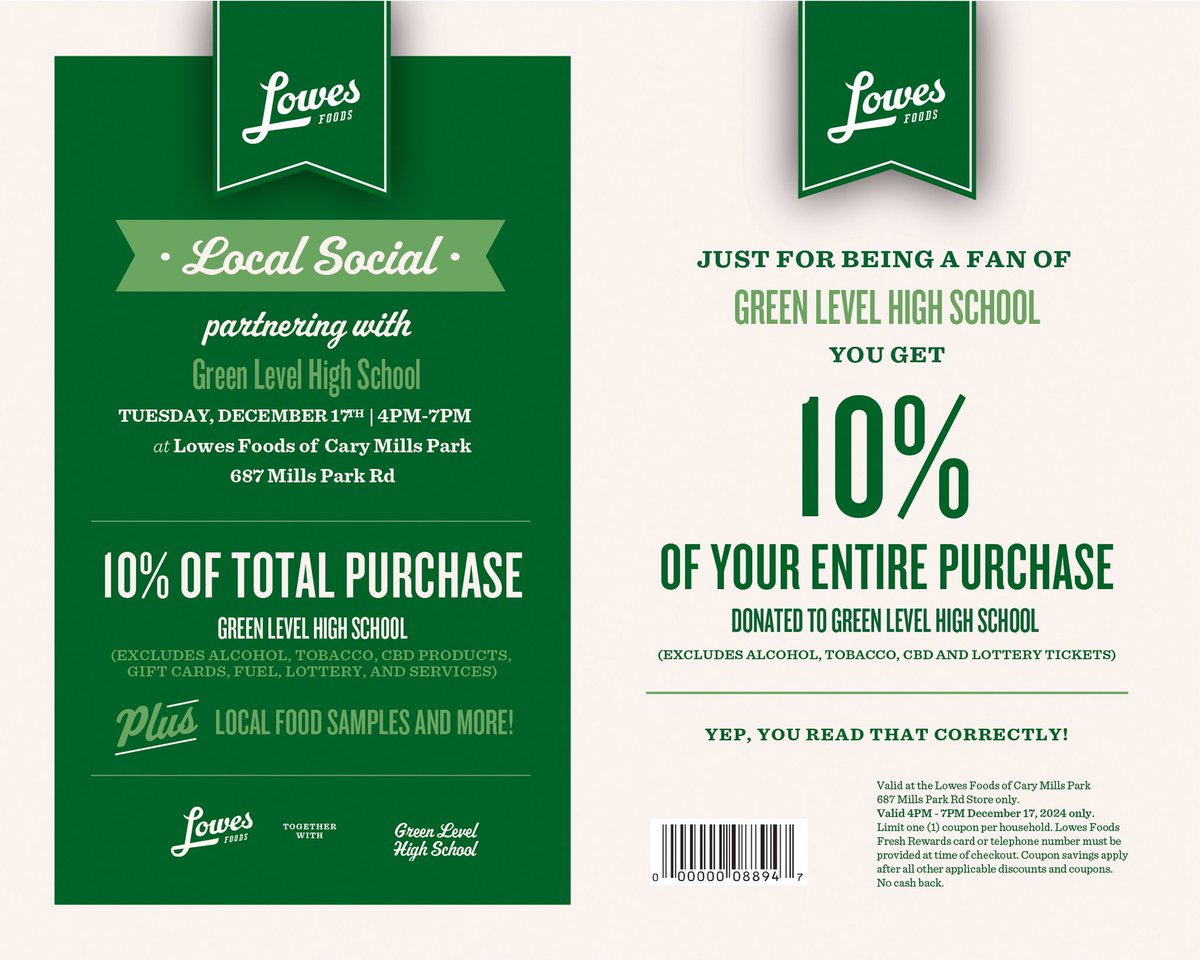 Don’t forget! Join us tonight at Lowe’s Foods West Cary!🛒🍴 

Enjoy a night of shopping and sampling delicious local food, all while supporting our school. Don't miss out on great deals, tasty treats, and the chance to connect with our amazing community. See you there! #glhsptsa