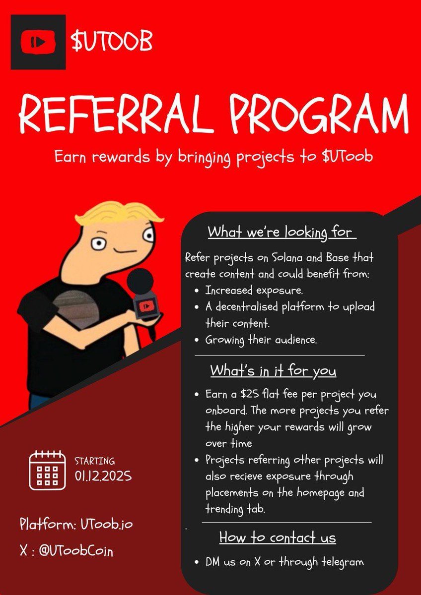 Refer your favourite projects… 

we send you Crypto........

 so you can send money to your OF hoes without your wife knowing 

UToob coming like Santa all through December