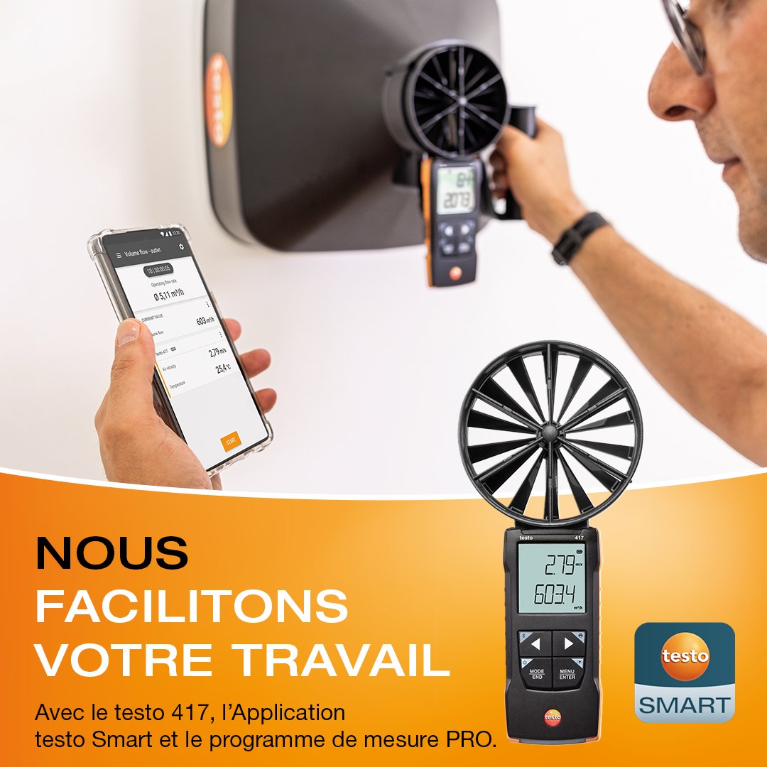 TestoFrance's tweet photo. Le réglage optimal des systèmes de VMC peut demander beaucoup de temps.
Découvrez-le maintenant : le testo 417, l'application testo Smart et le programme de mesure PRO « équilibrage de l’installation de ventilation » : https://t.co/8XCPFblLaJ
#TestoFrance #Technologie #Testo417 https://t.co/pSzCvIAZ5Y