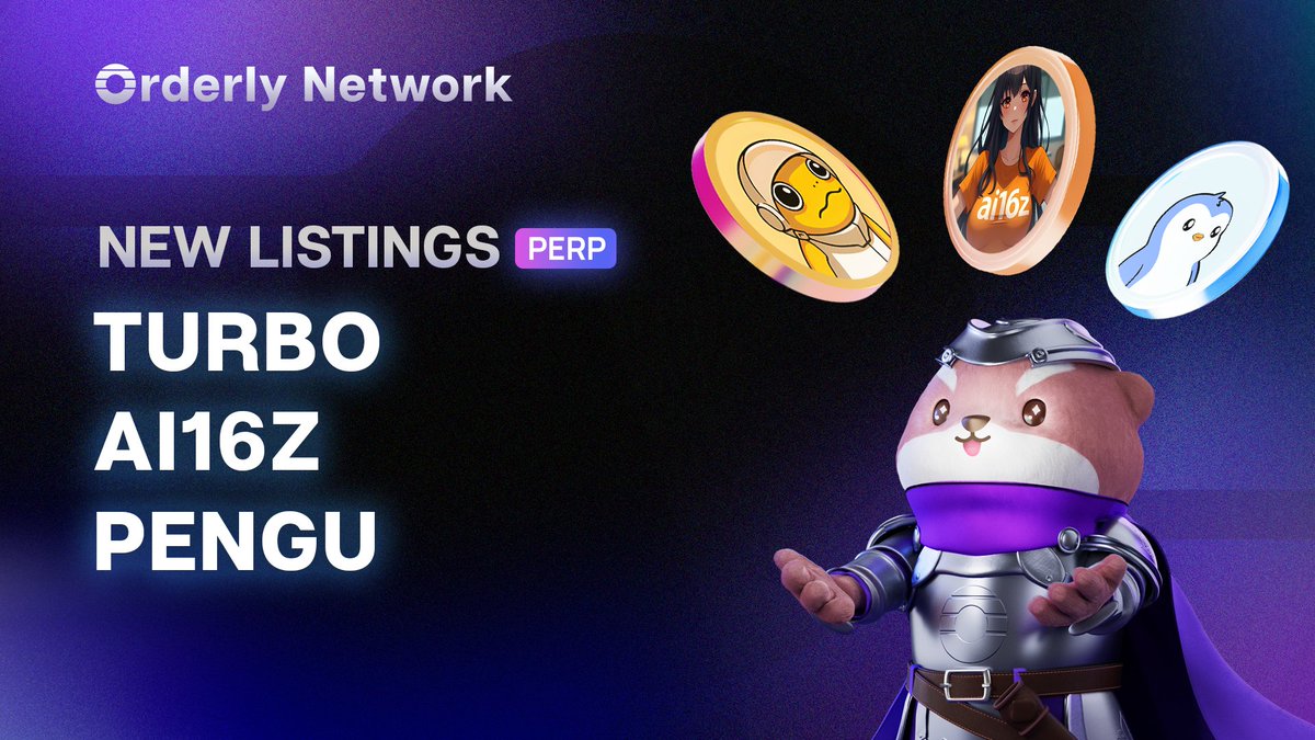 OrderlyNetwork's tweet photo. Upcoming New Listings - 18 December 💜

$TURBO | @TurboToadToken
$AI16Z | @ai16zdao
$PENGU | @pudgypenguins

Trading will be available with 10X leverage. https://t.co/fyFmAkH5Vk