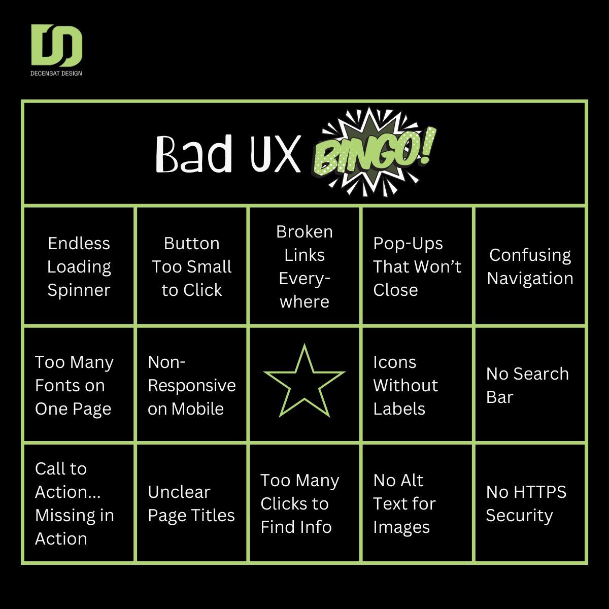 DecensatDesign's tweet image. How many of these bad UX blunders have you experienced? 

#UXMistakes #BadUX #WebDesignHumor