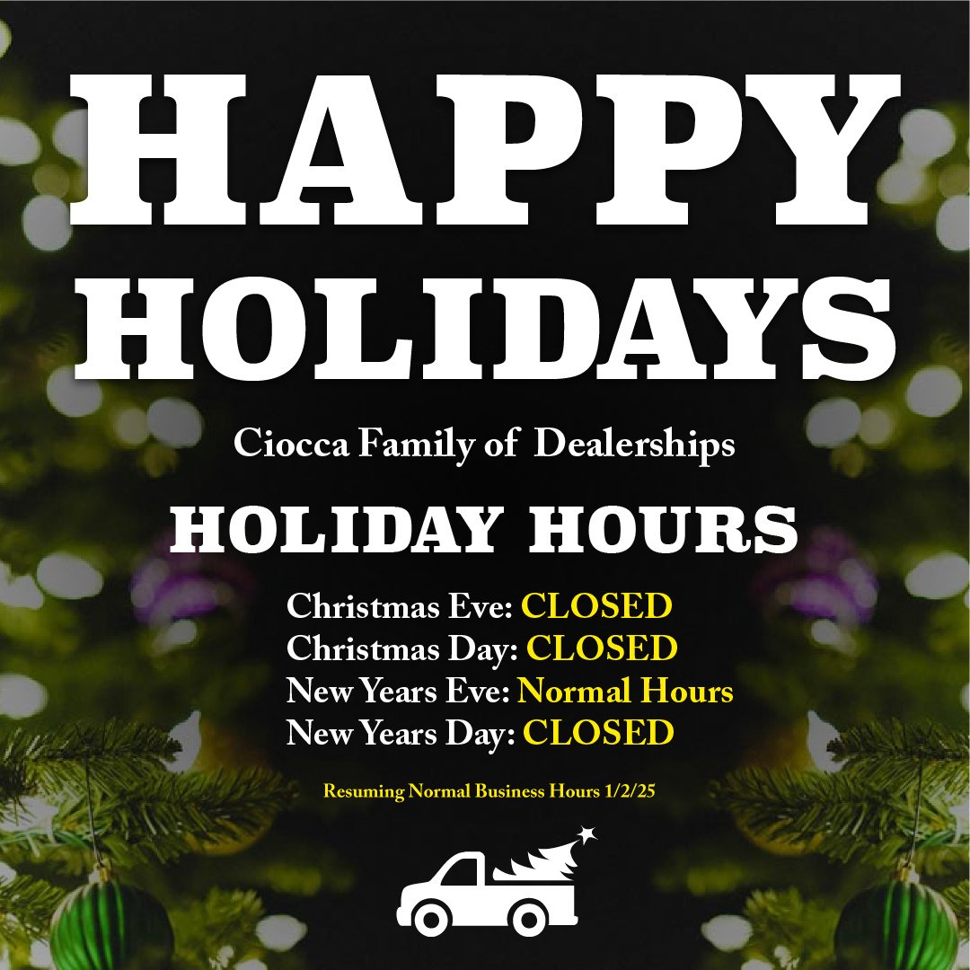 CioccaCorvette's tweet photo. Happy Holidays from the Ciocca Family of Dealerships! ✨🎄

We’ll be closed on Christmas Eve, Christmas Day, and New Year’s Day to celebrate the season. We’ll remain open with normal hours on New Year’s Eve and resume regular business hours on January 2nd. https://t.co/iwkBsraflu