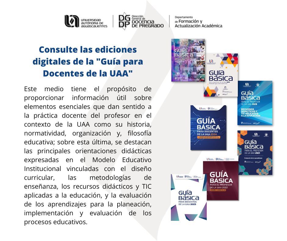 DEFAA_UAA's tweet photo. El DEFAA le invita a consultar la colección de fascículos de la "Guía Básica para el Profesor de la UAA" disponibles en su sitio web, https://t.co/n79bafjne1 https://t.co/dUhhnCL8iF