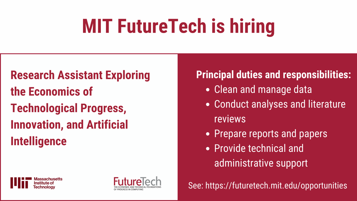 MIT FutureTech (@mitfuturetech) on Twitter photo 📢 MIT FutureTech is seeking a Research Assistant to work with Dr. Danial Lashkari (<a href="/DanialLashkari/">Danial Lashkari</a>) on projects related to economics of technological progress, innovation, and artificial intelligence. This is an exciting opportunity to support a rapidly growing lab who work on 📢 MIT FutureTech is seeking a Research Assistant to work with Dr. Danial Lashkari (<a href="/DanialLashkari/">Danial Lashkari</a>) on projects related to economics of technological progress, innovation, and artificial intelligence. This is an exciting opportunity to support a rapidly growing lab who work on