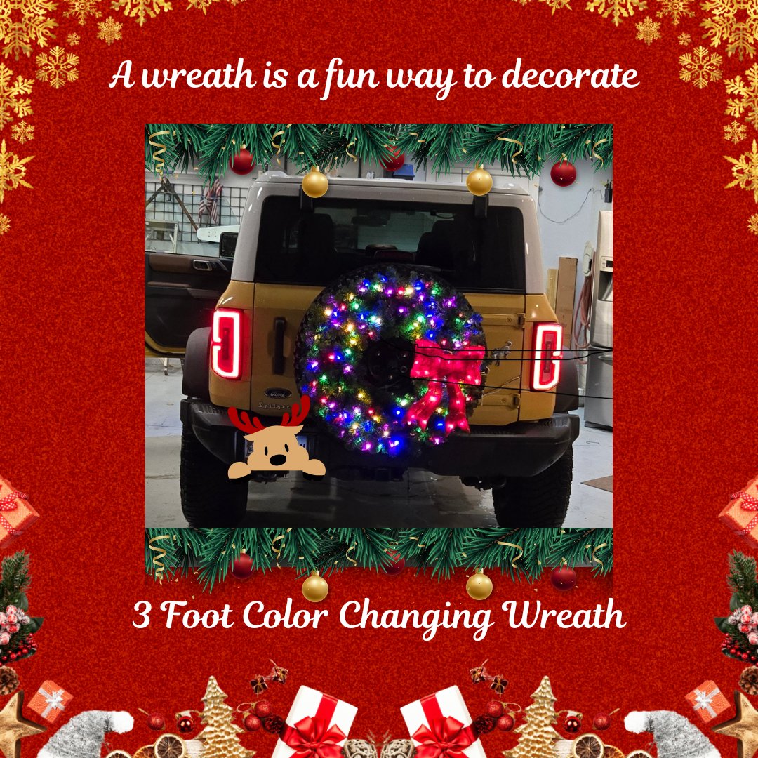 Oh what fun it is to ride with a wreath on the back of your Jeep. Such a clever decorating idea! #ACWreaths.com #christmaswreath #wreath #holidaydecorating #litwreath #Christmas
