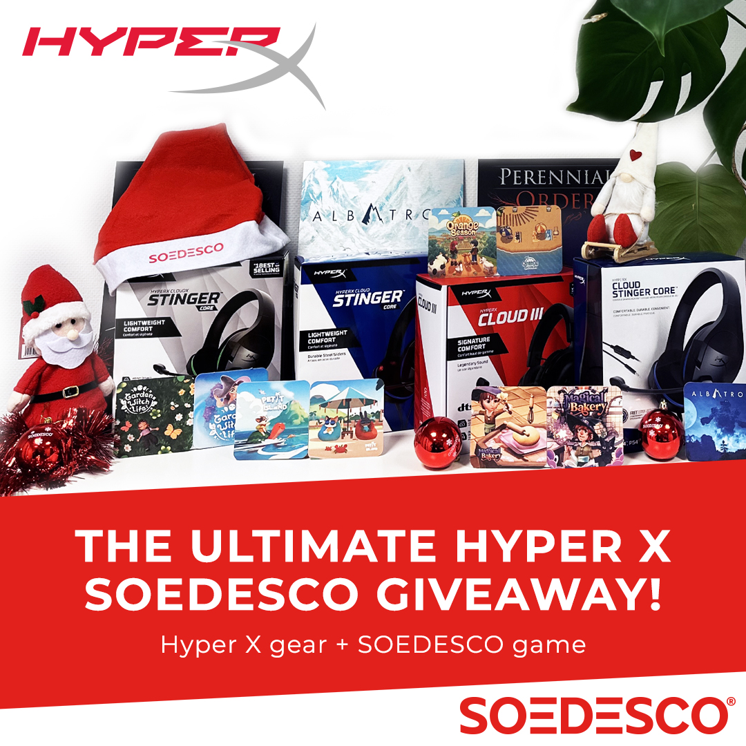 SOEDESCO's tweet image. 'Tis the season for the ultimate @HyperX GIVEAWAY! 🎁

Pick your dream pair:
🎧 HyperX gear [💚 Xbox - 💙 PS5 - ❤️ PC - 🖤 PS4] ➕ 🕹️ SOEDESCO game from 2024!

🔶 RT this post &amp;amp; follow @SOEDESCO
🗨️ Comment your combo &amp;amp; mention your Player 2!

Don't miss the chance! 🎅