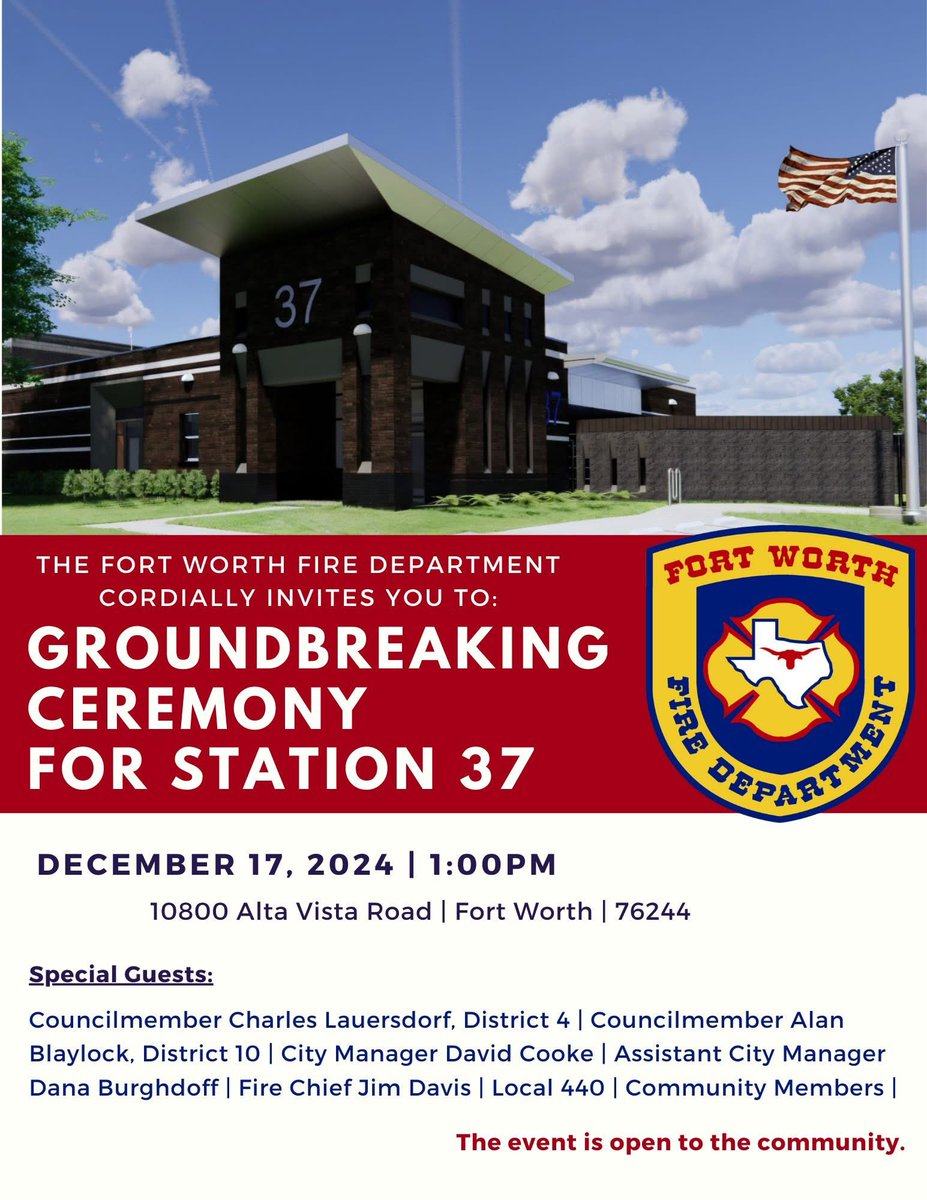 FortWorthFire's tweet photo. 🚨 Reminder!! 🚨

📣 TODAY is the DAY!! 📣

🧱🔨 The Fort Worth Fire Departmentis breaking ground NOT once... but TWICE on December 17th! 🧰

Come join the #fwfd at the official groundbreakings for new Station 26 (at 9am) and new Station 37 (at 1pm). We are excited for the special guests, City of Fort Worth leadership and community members that will be in attendance. 

The events are open to the public and we look forward to seeing you out at either (or both!) groundbreaking events! We will be sharing details and specifics on the new buildings in the coming days so be sure to follow along for more information! 

We will see y'all out there! And as always.... Stay safe, #FortWorth .