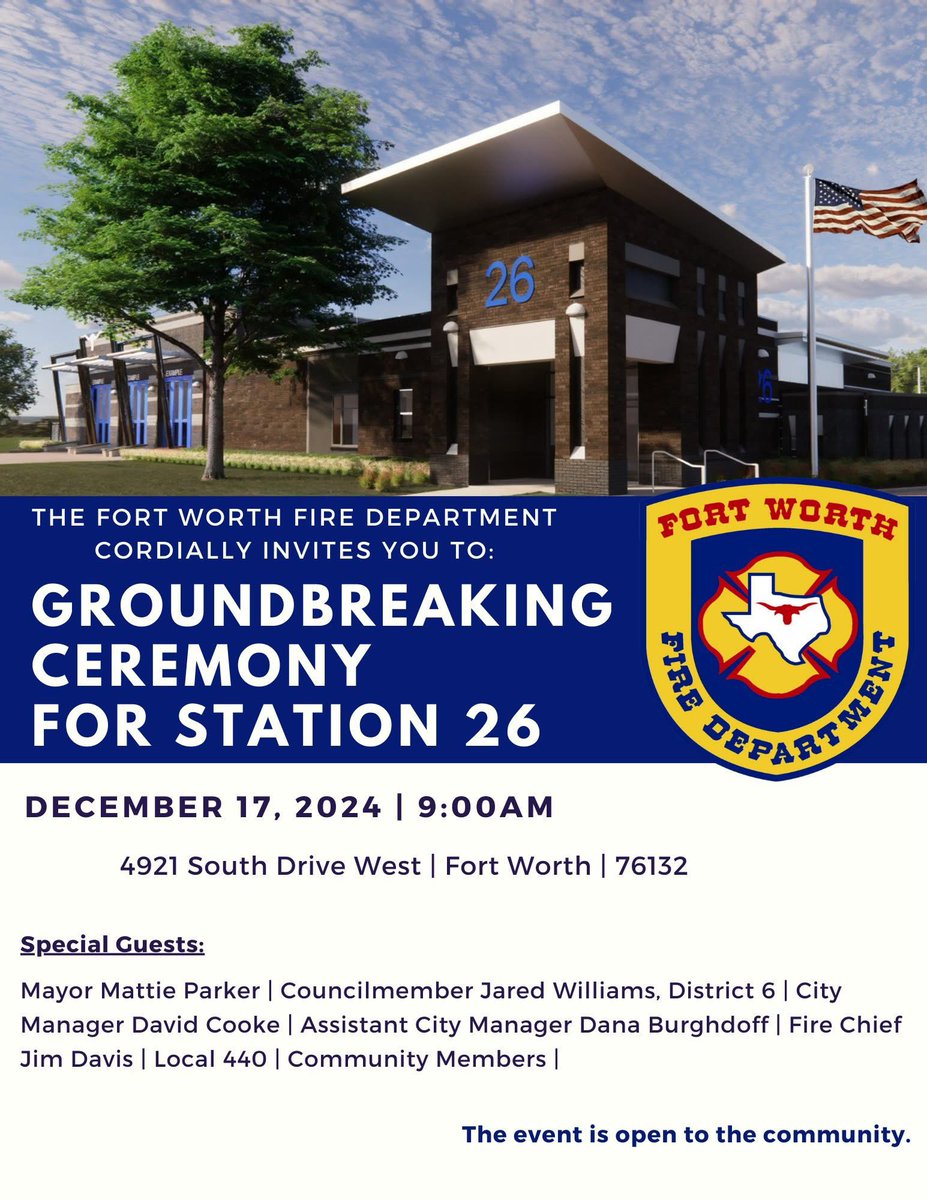 FortWorthFire's tweet photo. 🚨 Reminder!! 🚨

📣 TODAY is the DAY!! 📣

🧱🔨 The Fort Worth Fire Departmentis breaking ground NOT once... but TWICE on December 17th! 🧰

Come join the #fwfd at the official groundbreakings for new Station 26 (at 9am) and new Station 37 (at 1pm). We are excited for the special guests, City of Fort Worth leadership and community members that will be in attendance. 

The events are open to the public and we look forward to seeing you out at either (or both!) groundbreaking events! We will be sharing details and specifics on the new buildings in the coming days so be sure to follow along for more information! 

We will see y'all out there! And as always.... Stay safe, #FortWorth .