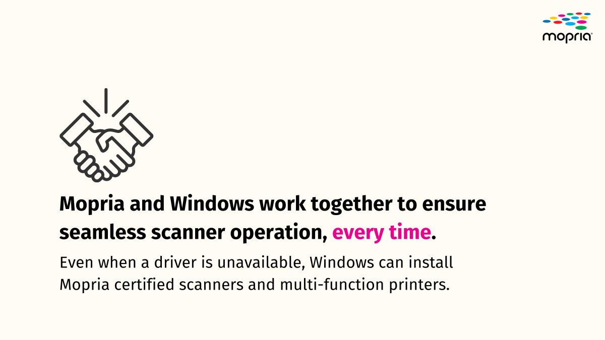 Mopria's tweet image. Has your scanner driver gone missing? That&apos;s no problem with Mopria. @Windows can install scanners without hassle. Learn more: bit.ly/MopriaScan_Win…

#WindowsPrinting #MopriaStandards #StreamlineYourWorkflows
