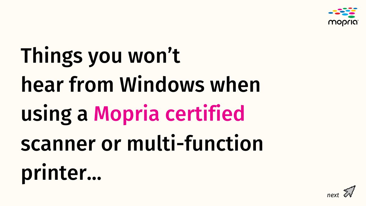 Mopria's tweet image. Has your scanner driver gone missing? That&apos;s no problem with Mopria. @Windows can install scanners without hassle. Learn more: bit.ly/MopriaScan_Win…

#WindowsPrinting #MopriaStandards #StreamlineYourWorkflows