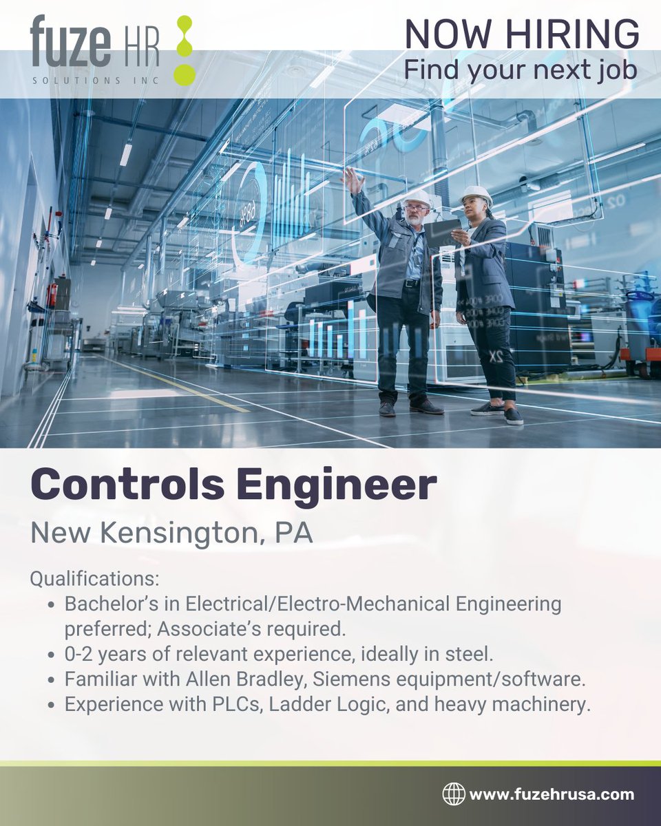 FuzehrUSA's tweet image. 🚀 We're Hiring a Controls Engineer! 🔧
📍 New Kensington, PA | Full-Time | Up to 30% travel.
Design & troubleshoot large-scale steel mill projects.
Apply now! 👉 ow.ly/Vn1350Ur3Ct
#EngineeringJobs #ControlsEngineer #PLC #HMI #SteelIndustry #TechCareers #JobAlert