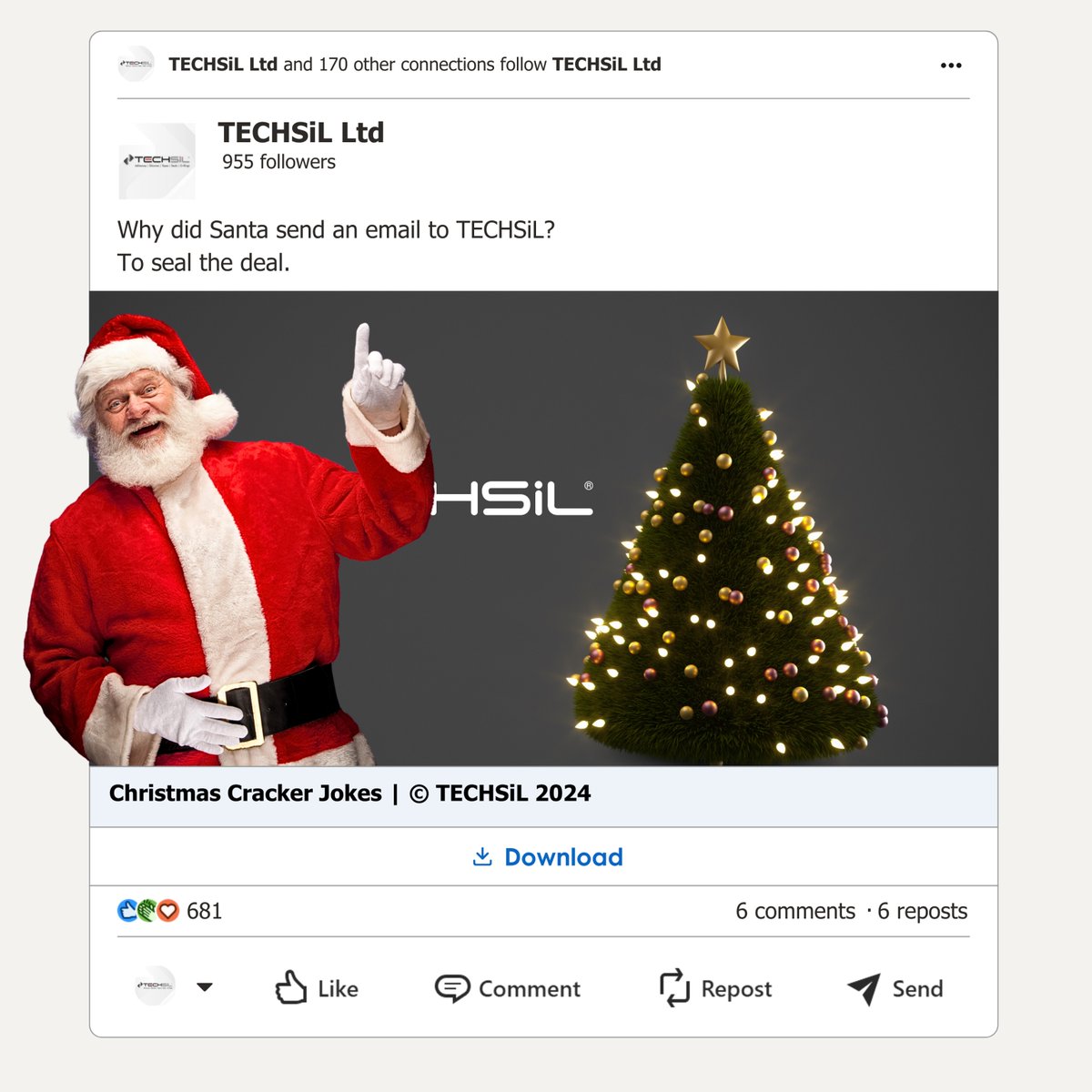 Techsil's tweet image. Why did Santa send an email to TECHSiL?
To seal the deal. 
🌐techsil.co.uk
#christmacountdown #TECHSiL #christmasjokes