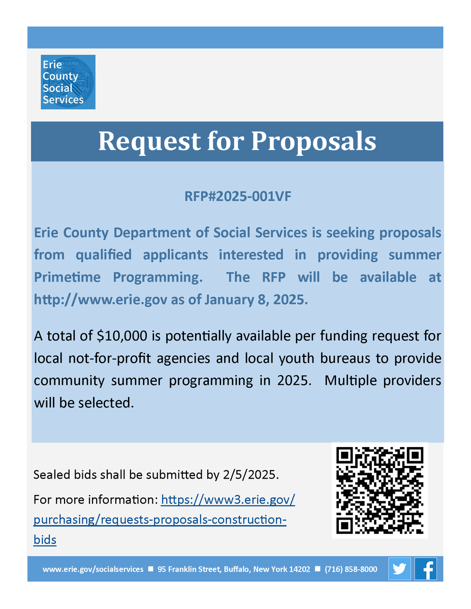 ECDSS is seeking proposals from qualified applicants interested in providing summer Primetime Programming.

Sealed bids shall be submitted by 2/5/2025.

For more information: www3.erie.gov/purchasing/req…