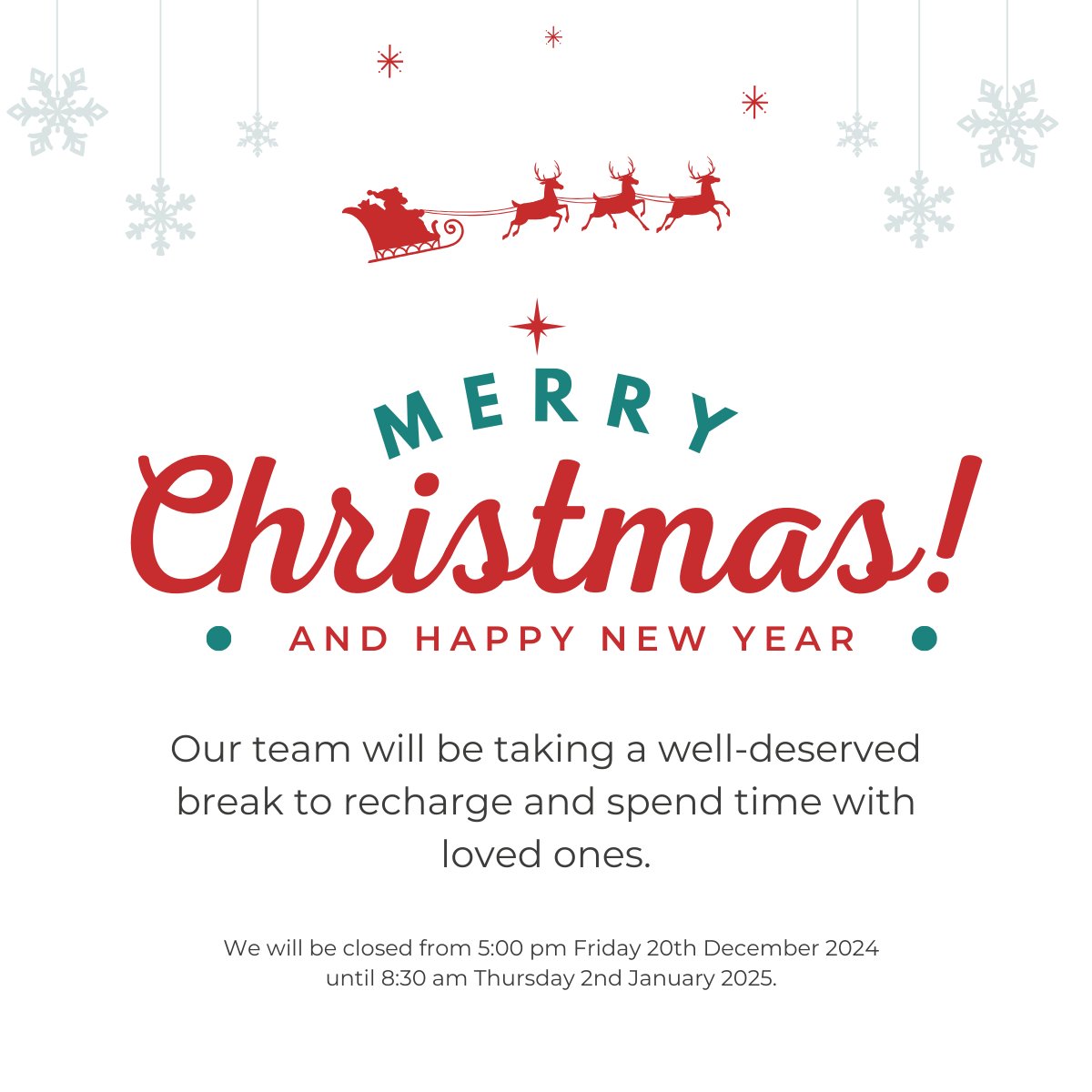 🎉 Cheers to our amazing customers! As the festive season approaches, we want to thank you for your incredible support this year. 🎄 Our office will be closed from Dec 20th 5:00 pm, reopening Jan 2nd 8:30 am. Enjoy your well-deserved break! Merry Christmas! 🎅✨