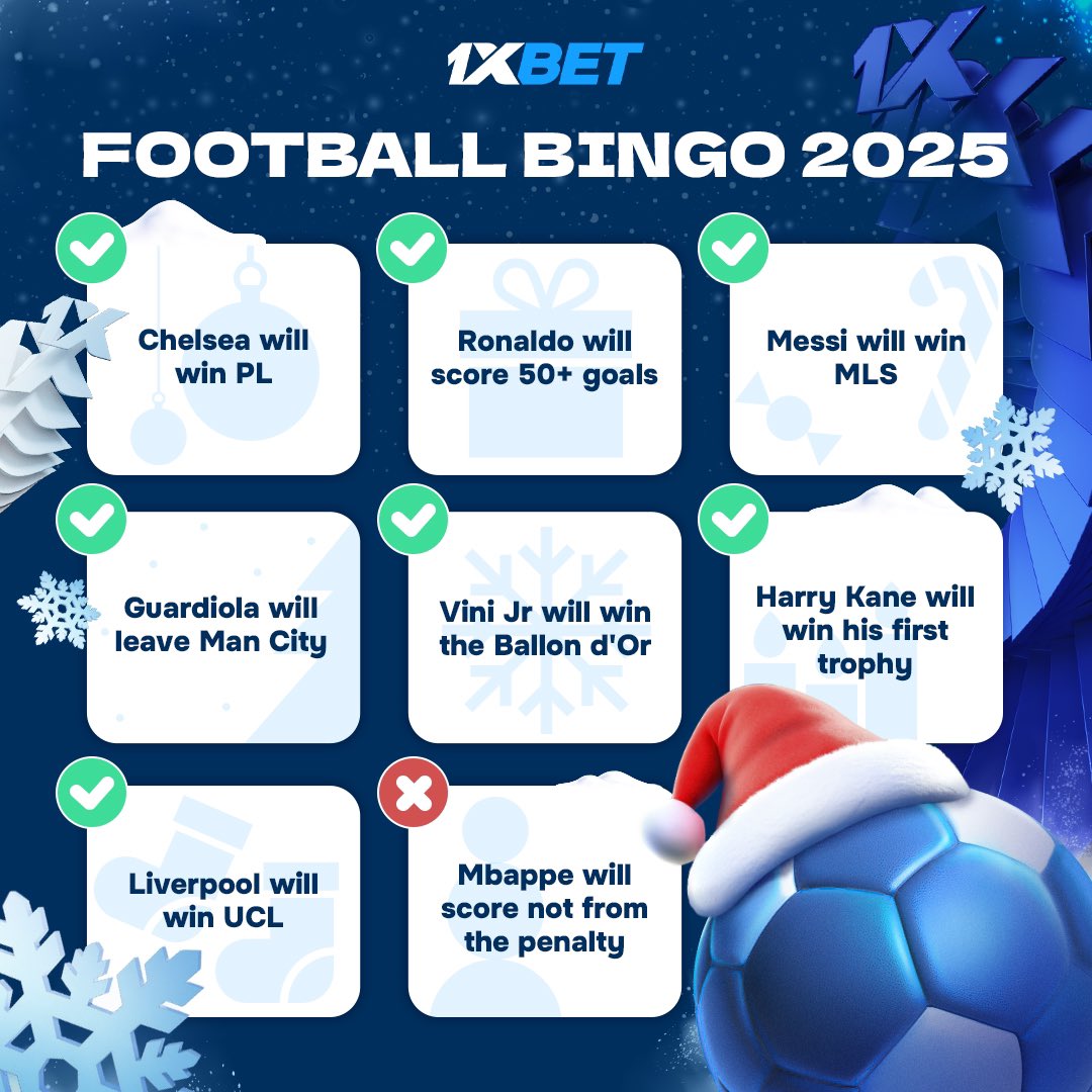 Let’s play football bingo! 🤩🎄

What will happen in 2025 &amp; what won’t?

Follow <a href="/1xBet_Eng/">1хBet</a>, make your predictions and get a chance to win promo! 

10 winners will be chosen on Monday

1000 ❤️ to double the prizes 

#1xNewYear | #1xNewYearChallenge