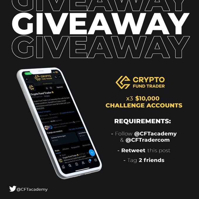 GIVEAWAY! 🚨 

3x10k in challenge accounts. 

Requirements:  

- Follow: <a href="/CFTradercom/">Crypto Fund Trader</a> &amp; <a href="/CFTacademy/">CFT Academy</a>
- Tag 2 friends 
- Repost  

Good luck to everyone!