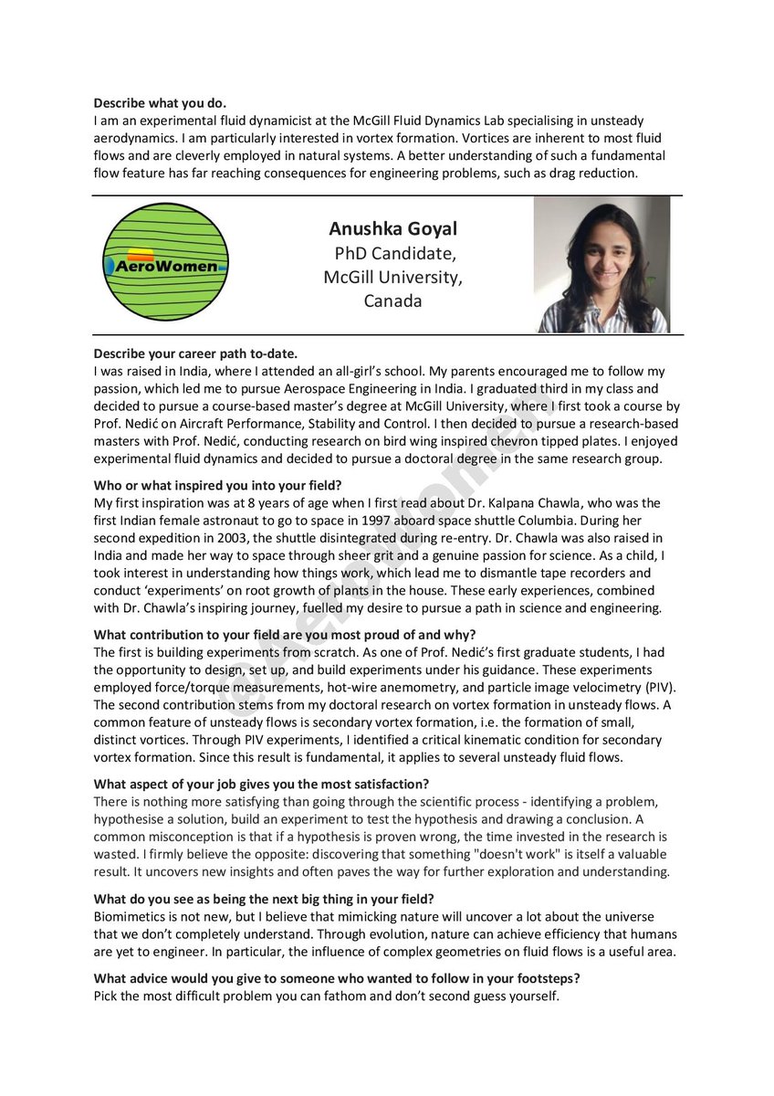 AeroWomen (@aerowomen) on Twitter photo Meet Anushka Goyal (<a href="/anushka3494/">Anushka Goyal</a>), PhD Candidate at <a href="/McGill_Eng/">McGill Faculty of Engineering</a>. Anushka specialises in unsteady aerodynamics, with particular interest in experimental fluid dynamics of vortex formation in the <a href="/McGill_Fluids/">McGill Fluid Dynamics Lab</a> Lab and is a <a href="/ZontaIntl/">Zonta International</a> 2020 Amelia Earhart Scholar #WomenInSTEM Meet Anushka Goyal (<a href="/anushka3494/">Anushka Goyal</a>), PhD Candidate at <a href="/McGill_Eng/">McGill Faculty of Engineering</a>. Anushka specialises in unsteady aerodynamics, with particular interest in experimental fluid dynamics of vortex formation in the <a href="/McGill_Fluids/">McGill Fluid Dynamics Lab</a> Lab and is a <a href="/ZontaIntl/">Zonta International</a> 2020 Amelia Earhart Scholar #WomenInSTEM