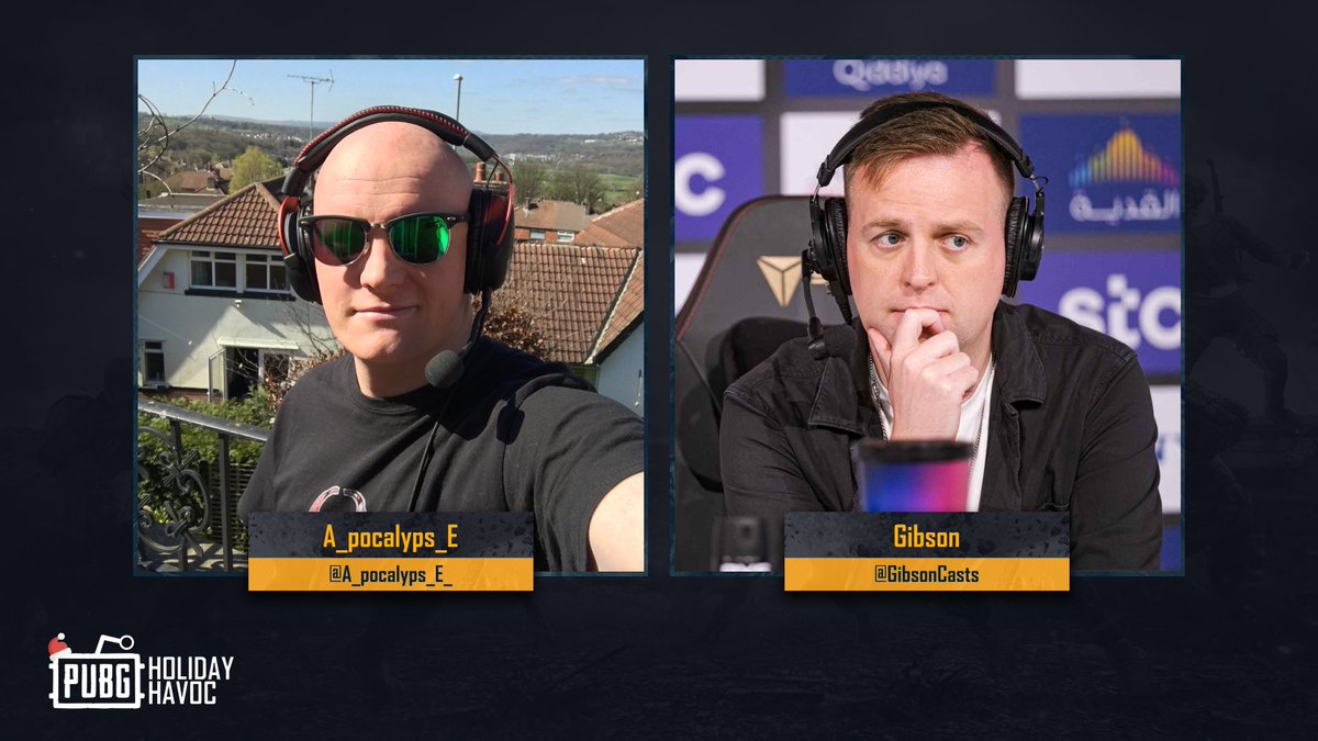 Here's who will be guiding you through PUBG Reddit Holiday Havoc, this month's special Custom Games event!

🎙️ <a href="/A_pocalyps_E_/">A_pocalyps_E</a> 
🎙️ <a href="/GibsonCasts/">GibsonCasts</a> 

See you on:
🗓️ December 21st
⏰7pm UTC

Play 👉discord.gg/pubgreddit
Watch 👉 twitch.tv/pubgreddit