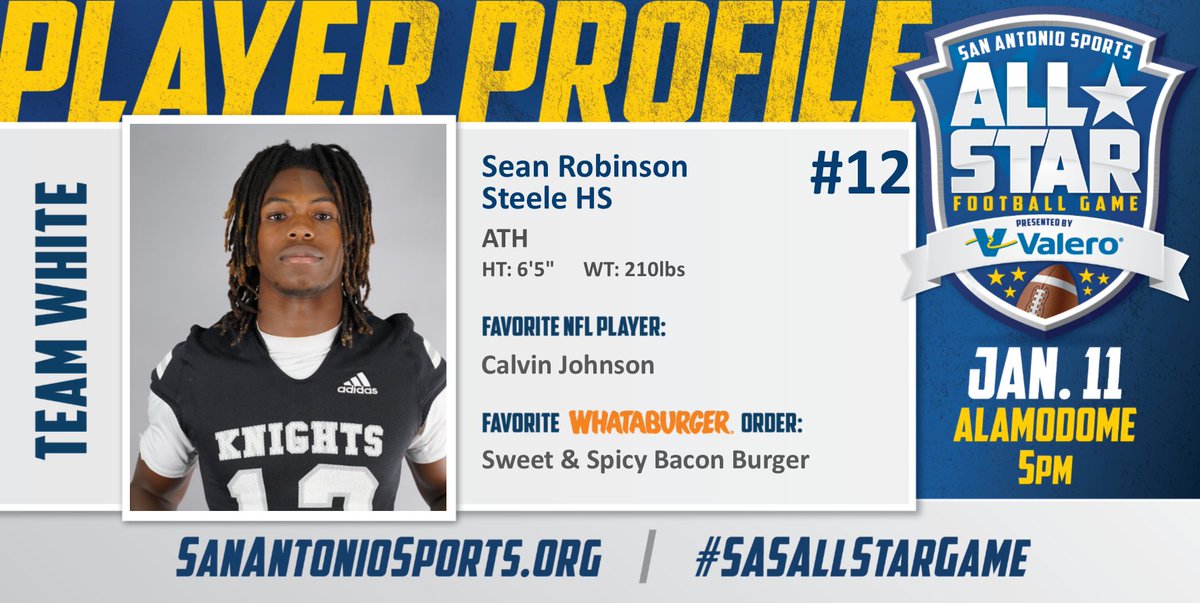 San Antonio Sports (@sa_sports) on Twitter photo Meet <a href="/SeanRambo06/">Sean Rambo ๐ณ๐ฌ #4ATH TX</a> from <a href="/Steele78108/">Steele High School</a> who will compete in the San Antonio Sports All-Star Football Game pres. by <a href="/ValeroEnergy/">Valero</a> at the Alamodome on Jan. 11! #SASAllStarGame <a href="/Whataburger/">Whataburgerยฎ</a> <a href="/calvinjohnsonjr/">Calvin Johnson Jr.</a>
<a href="/Football_Steele/">Cibolo Steele Football</a>
<a href="/SCUCISD/">SchertzCiboloUC ISD</a>
<a href="/SteeleAthletics/">Steele Athletics</a>
<a href="/steeleKASBC/">Steele HS Boosters</a> Meet <a href="/SeanRambo06/">Sean Rambo ๐ณ๐ฌ #4ATH TX</a> from <a href="/Steele78108/">Steele High School</a> who will compete in the San Antonio Sports All-Star Football Game pres. by <a href="/ValeroEnergy/">Valero</a> at the Alamodome on Jan. 11! #SASAllStarGame <a href="/Whataburger/">Whataburgerยฎ</a> <a href="/calvinjohnsonjr/">Calvin Johnson Jr.</a>
<a href="/Football_Steele/">Cibolo Steele Football</a>
<a href="/SCUCISD/">SchertzCiboloUC ISD</a>
<a href="/SteeleAthletics/">Steele Athletics</a>
<a href="/steeleKASBC/">Steele HS Boosters</a>