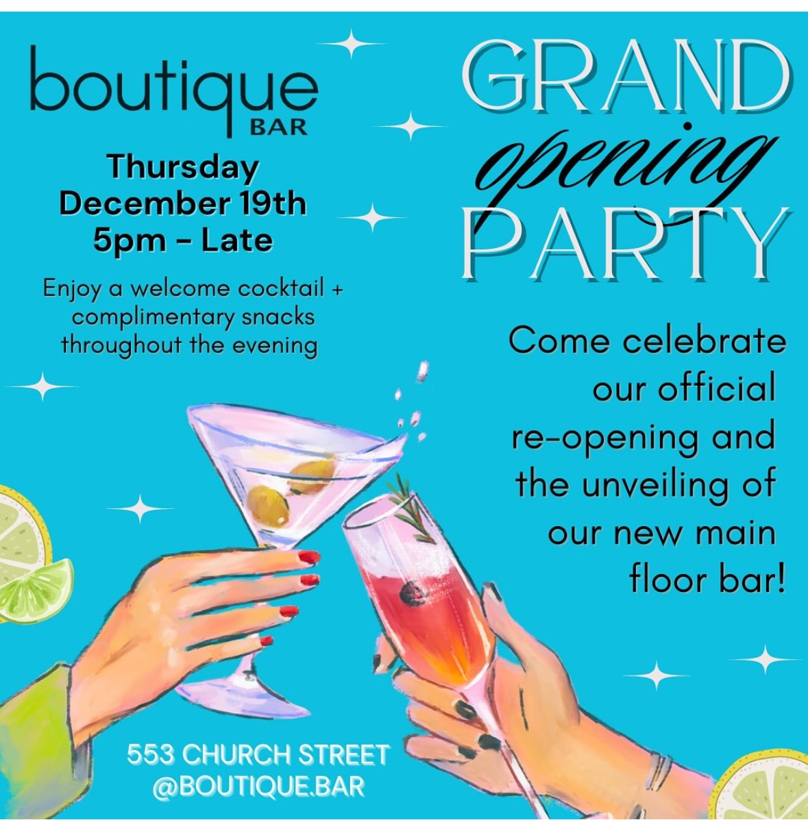 ChurchWellesley's tweet image. Mark your calendars!
Join us Thursday, December 19
from 5pm til late to celebrate our return to Church Street and the opening of our main floor! 
#toronto #cocktailbar #grandopening 🍹🍸🍾