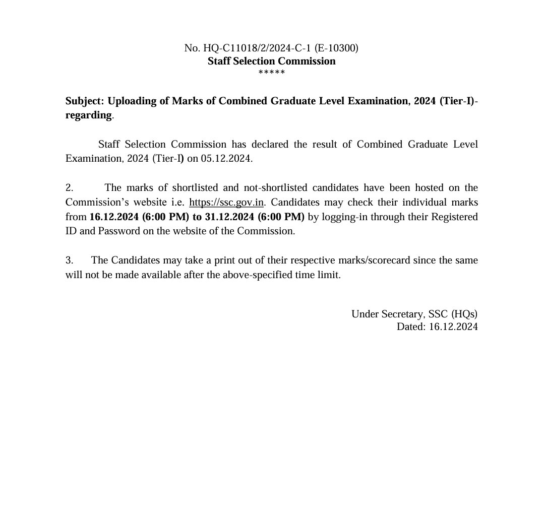 Uploading of Marks of Combined Graduate Level Examination, 2024 (Tier-I) .