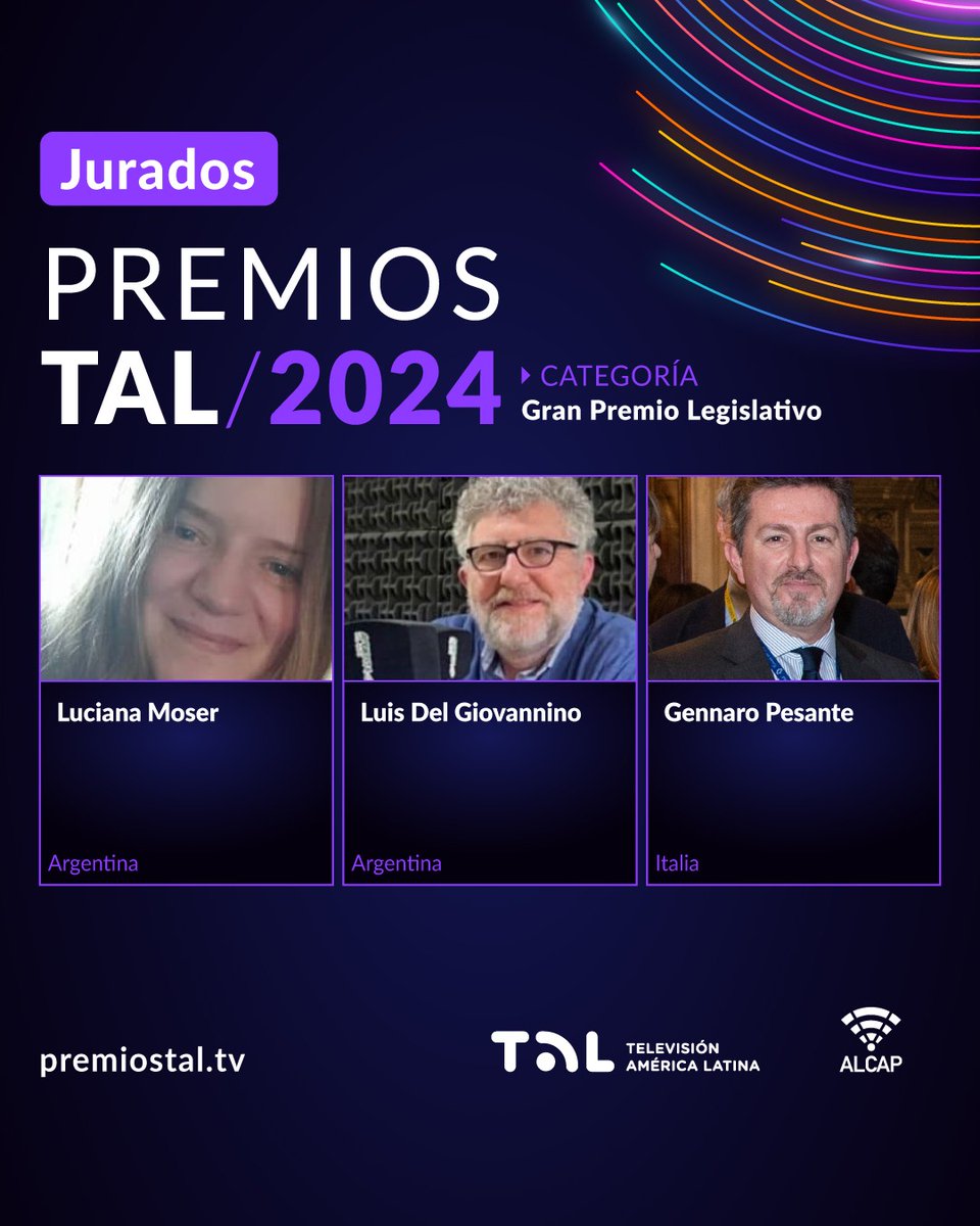 #PremiosTAL2024 | Los jurados para la categoría GRAN PREMIO LEGISLATIVO son:
• Luciana Moser - Argentina
• Luis Del Giovannino - Argentina
• Gennaro Pesante - Italia

🏆 Mas información en premiostal.tv