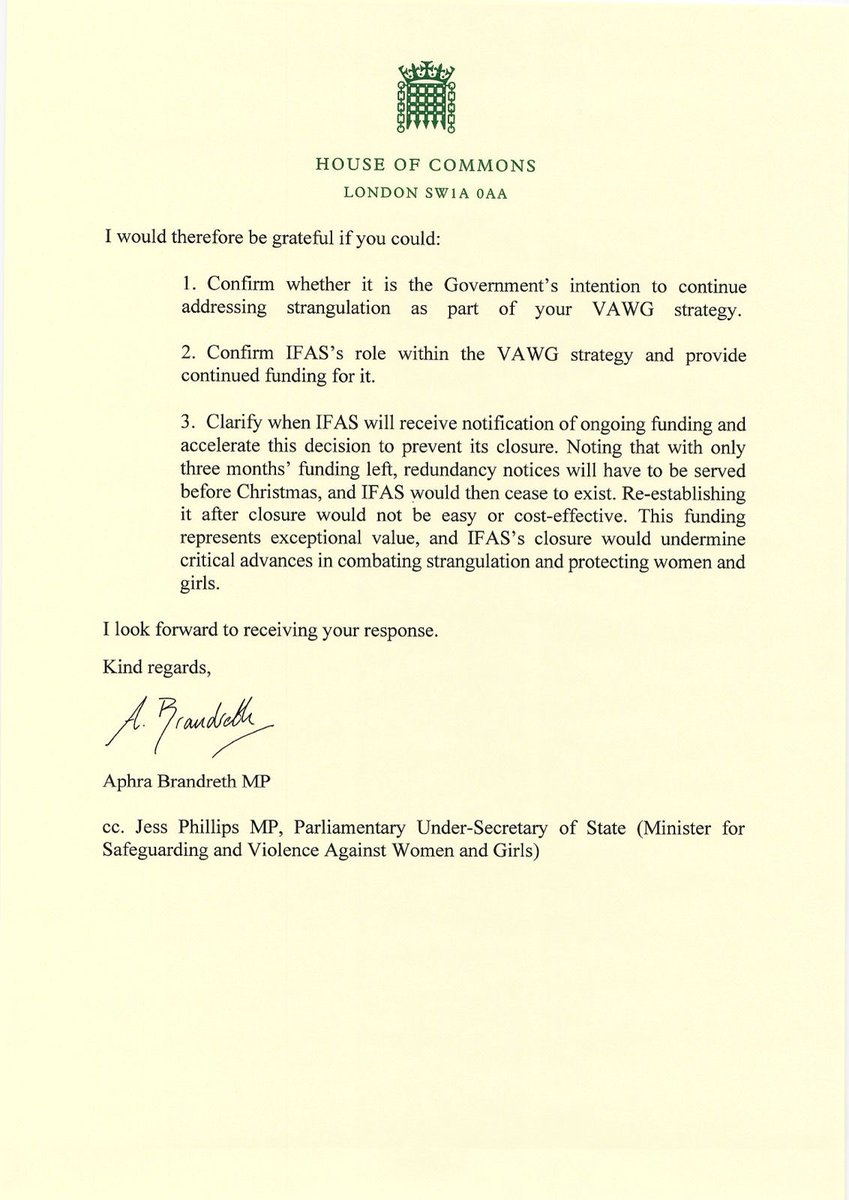 Aphra Brandreth (@aphrabrandreth) on Twitter photo I’ve written to the Home Secretary to urge the Home Office to commit to continuing funding for <a href="/InstituteFAS/">Institute For Addressing Strangulation</a>
The Govt have pledged to halve VAWG & so I urge them to support the vital work of the IFAS which is central to achieving this
<a href="/safelives_/">SafeLives</a>
<a href="/BangorUni/">Bangor University</a>
<a href="/AAFDA6/">Advocacy After Fatal Domestic Abuse</a>
<a href="/centreWJ/">Centre for Women's Justice</a> I’ve written to the Home Secretary to urge the Home Office to commit to continuing funding for <a href="/InstituteFAS/">Institute For Addressing Strangulation</a>
The Govt have pledged to halve VAWG & so I urge them to support the vital work of the IFAS which is central to achieving this
<a href="/safelives_/">SafeLives</a>
<a href="/BangorUni/">Bangor University</a>
<a href="/AAFDA6/">Advocacy After Fatal Domestic Abuse</a>
<a href="/centreWJ/">Centre for Women's Justice</a>